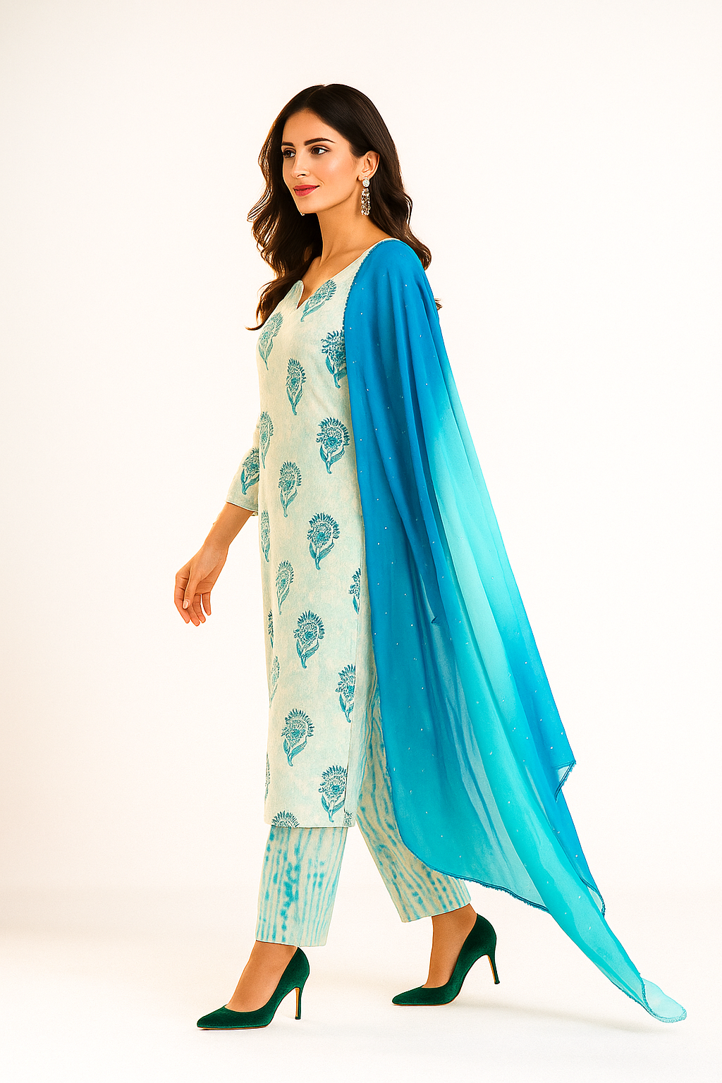 White Pure Cotton Straight Salwar Suit Enhanced with Block Print Detailing