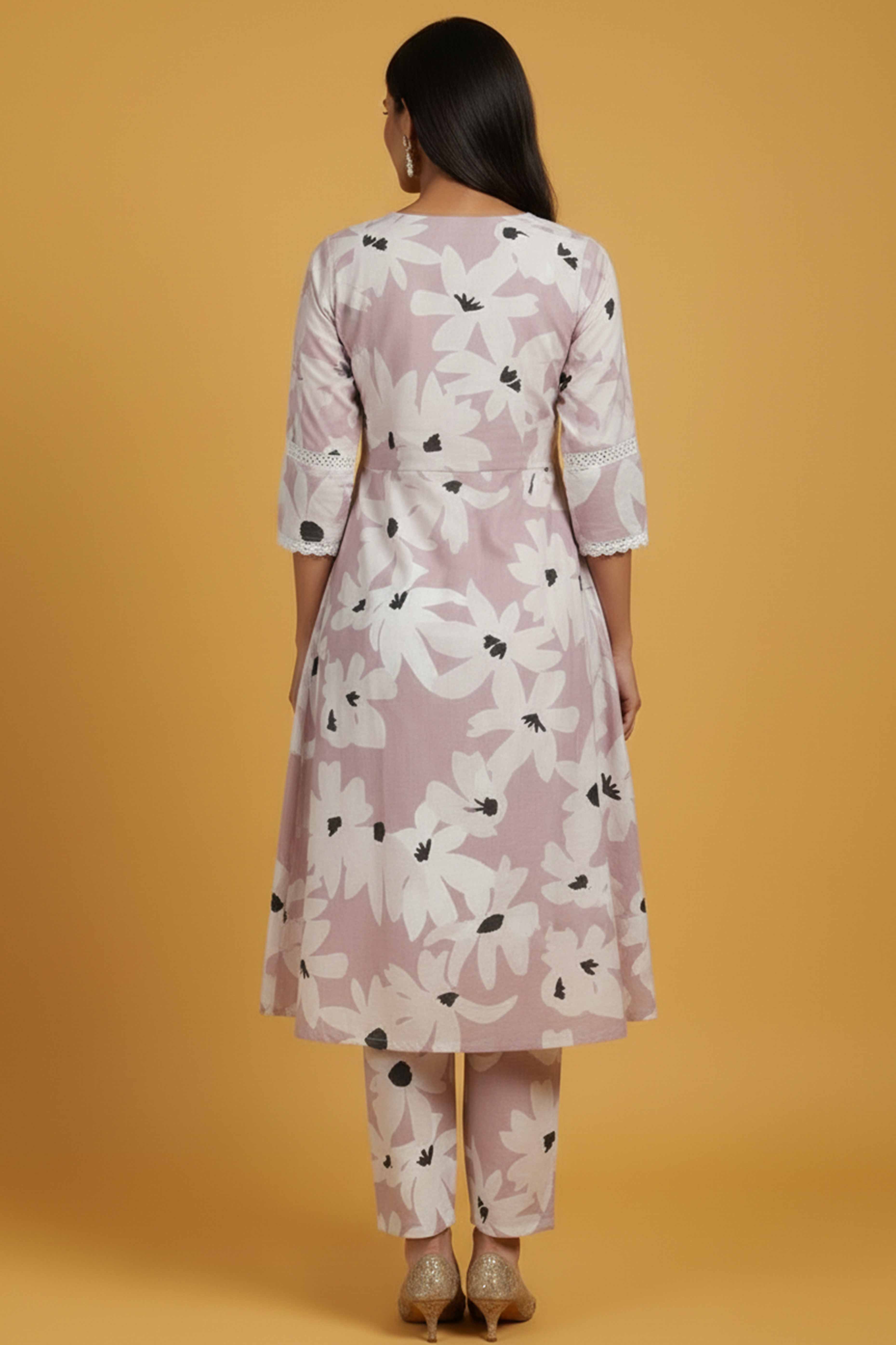 Powder Pink Floral Print Cotton A-Line Kurta Paired with Matching Bottoms