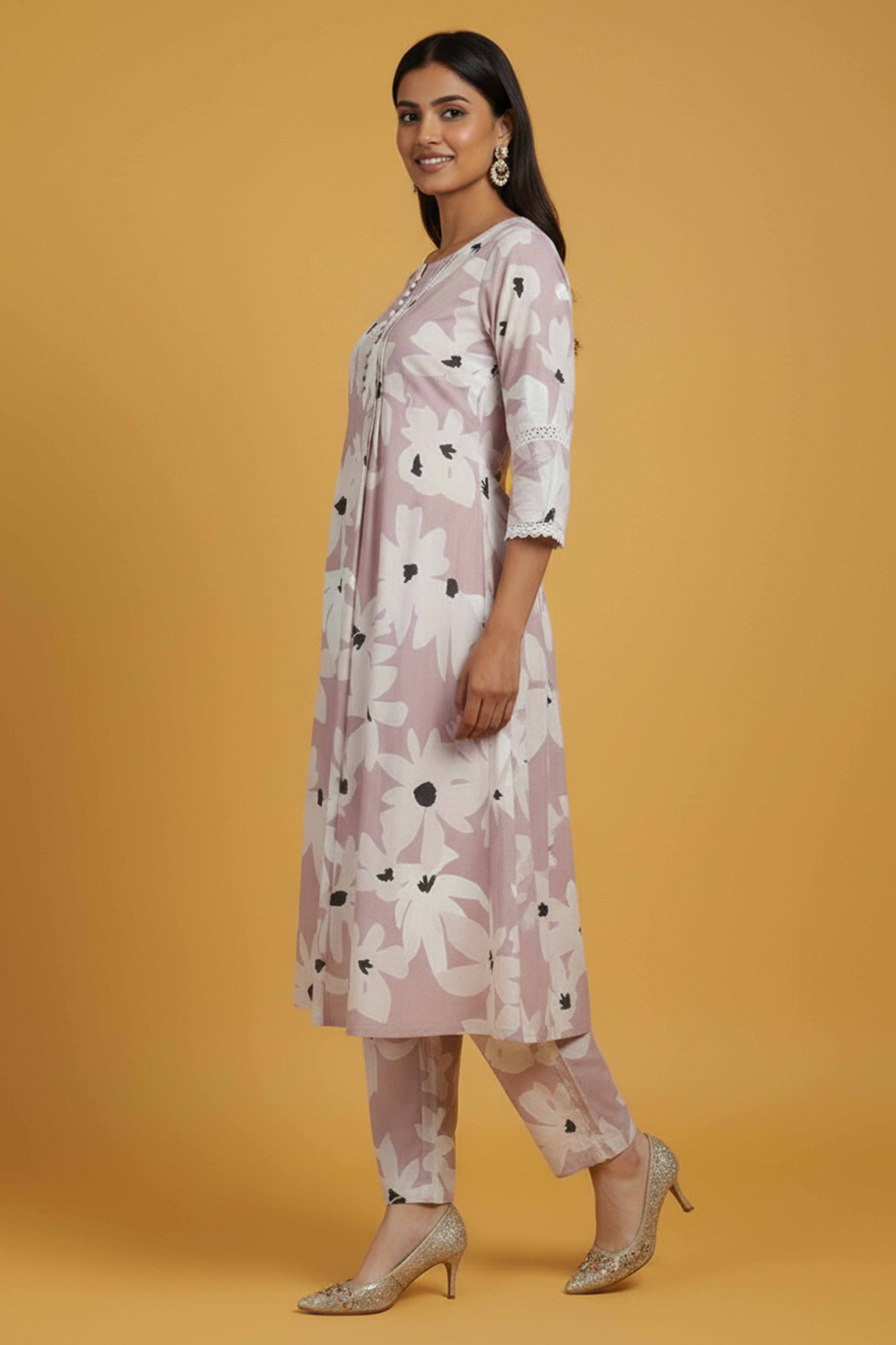 Powder Pink Floral Print Cotton A-Line Kurta Paired with Matching Bottoms