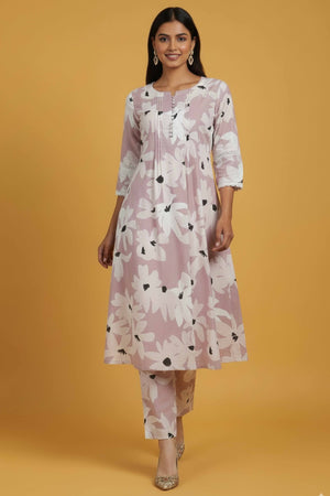 Powder Pink Floral Print Cotton A-Line Kurta Paired with Matching Bottoms