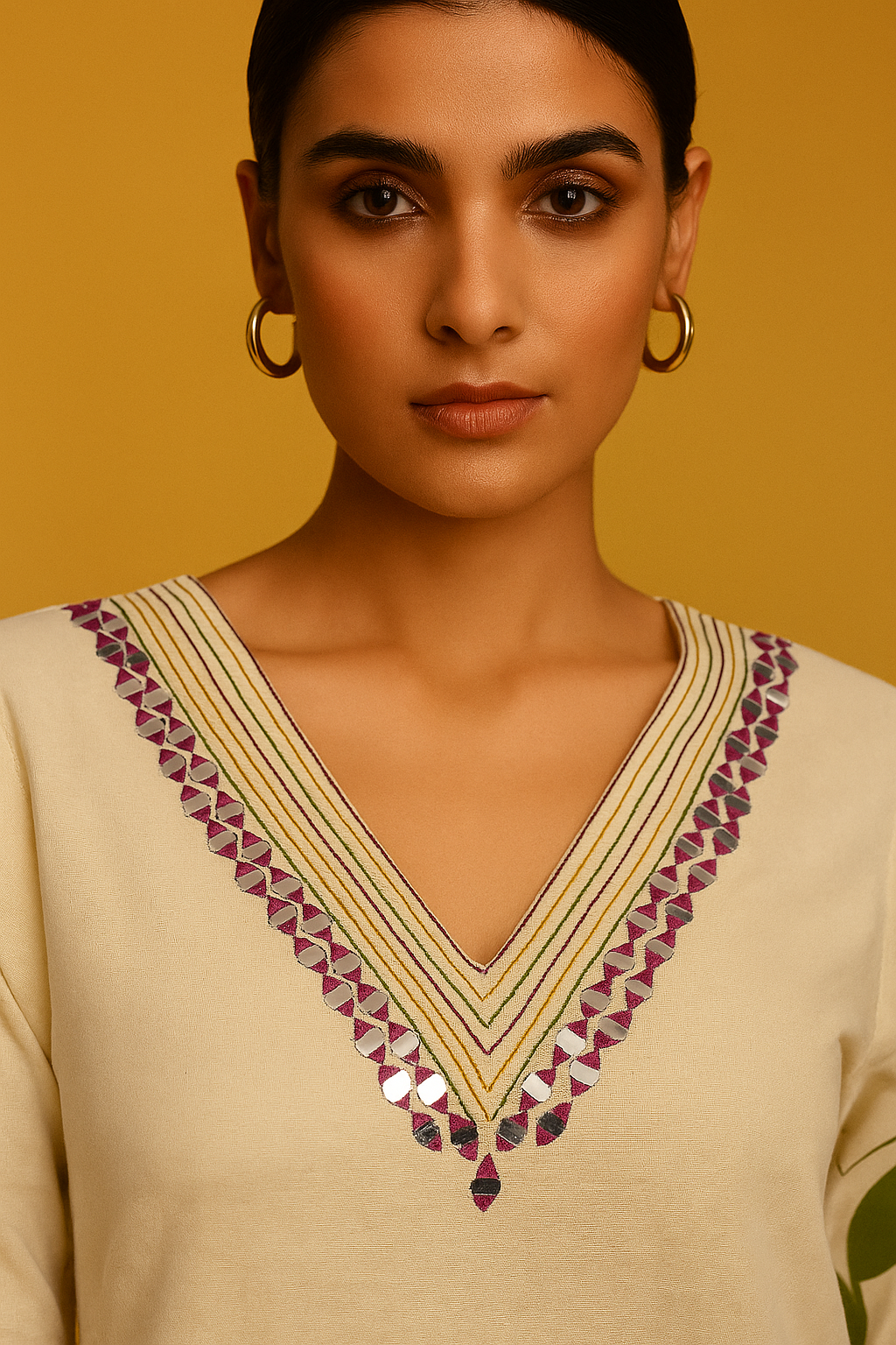 White Printed Cotton Top Bottom Set Ensemble with Mirror Embroidered Neckline