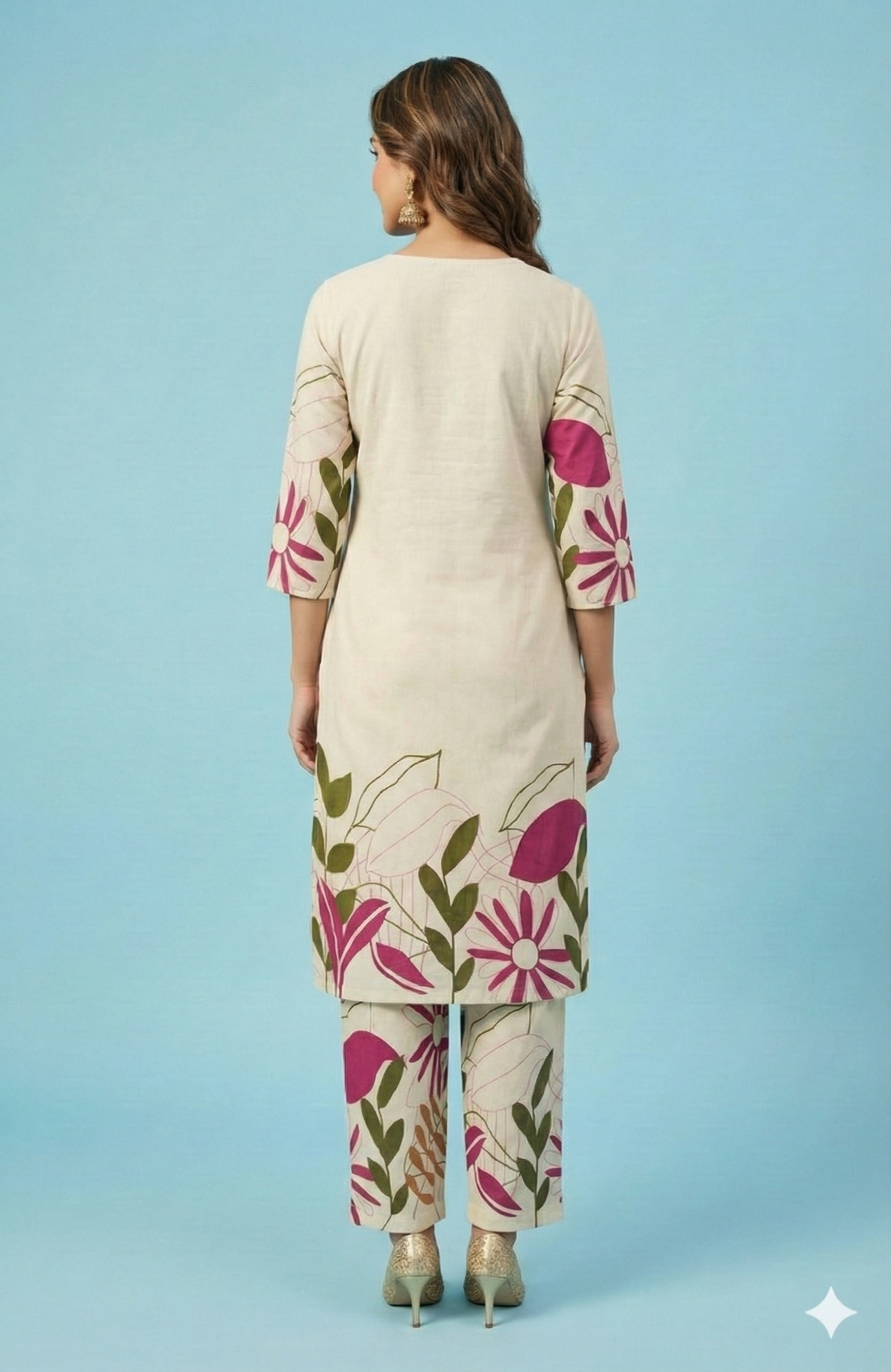 White Printed Cotton Top Bottom Set Ensemble with Mirror Embroidered Neckline