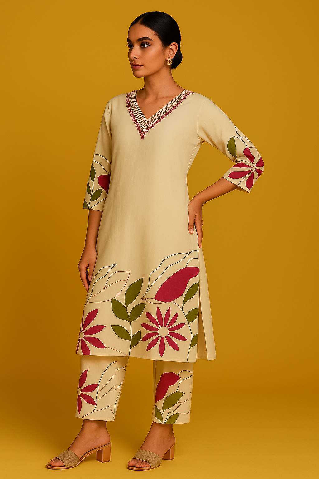 White Printed Cotton Top Bottom Set Ensemble with Mirror Embroidered Neckline