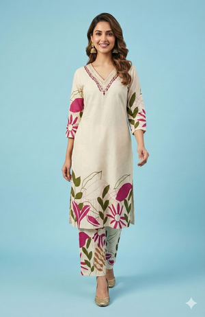 White Printed Cotton Top Bottom Set Ensemble with Mirror Embroidered Neckline