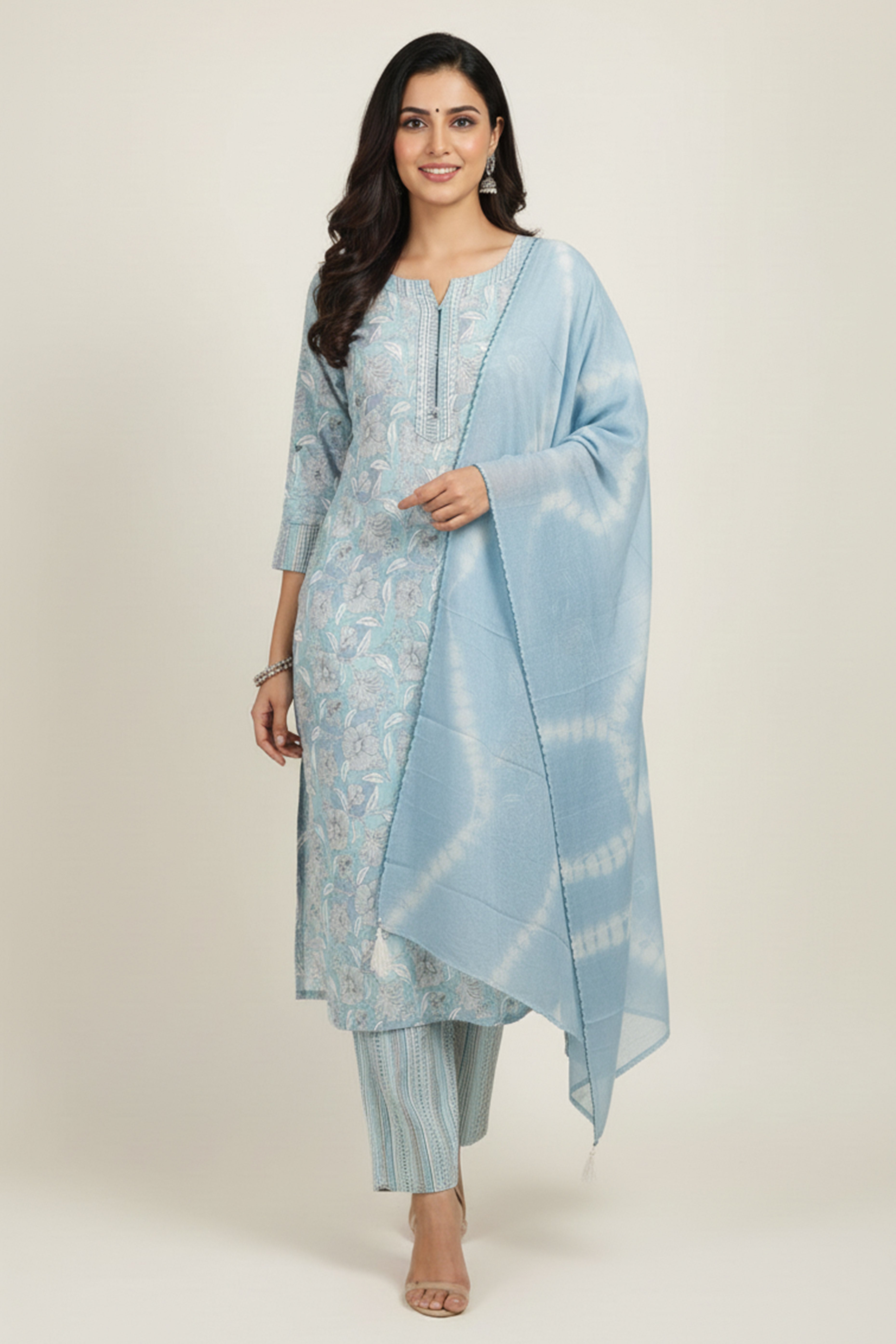 Powder Blue Floral Printed Pure Cotton Straight Salwar Suit for Elegant Day Wear