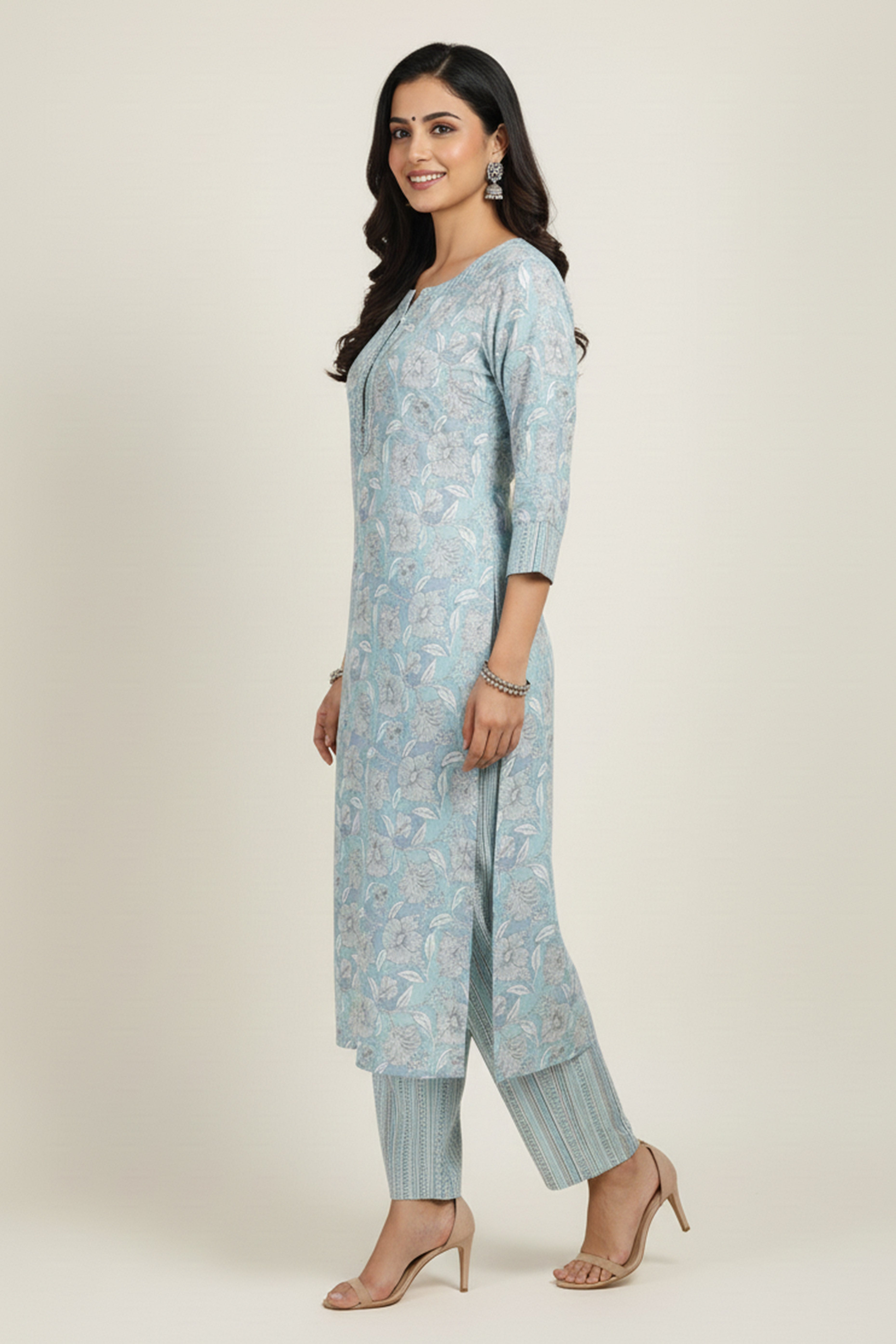 Powder Blue Floral Printed Pure Cotton Straight Salwar Suit for Elegant Day Wear