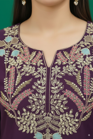 Wine Twill Satin Sharara Suit with Intricate Hand Embroidery