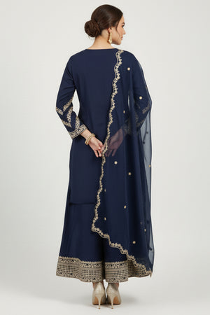 Sophisticated Navy Blue Viscose Palazzo Suit With Glittering Floral Sequin Embroidery