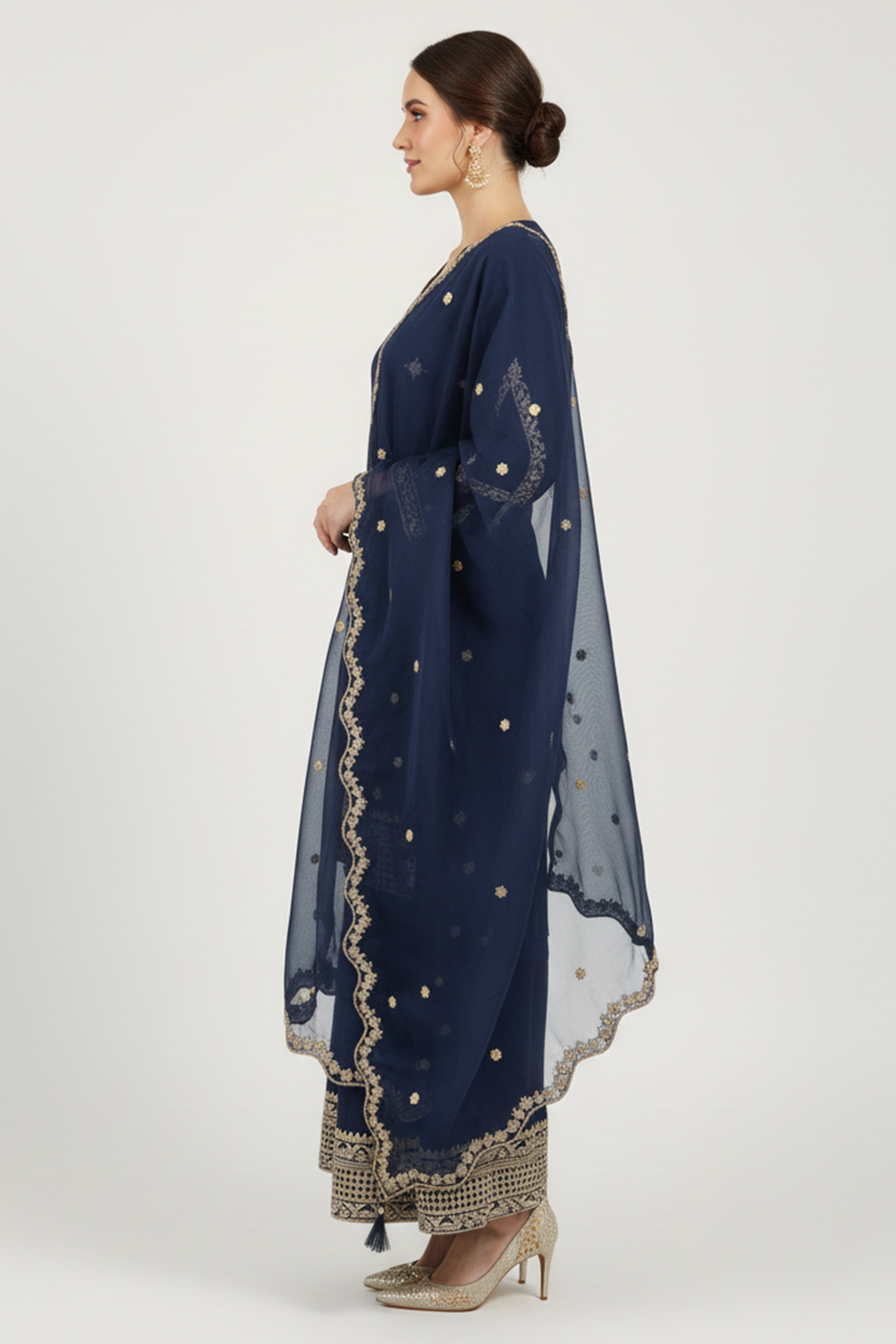 Sophisticated Navy Blue Viscose Palazzo Suit With Glittering Floral Sequin Embroidery
