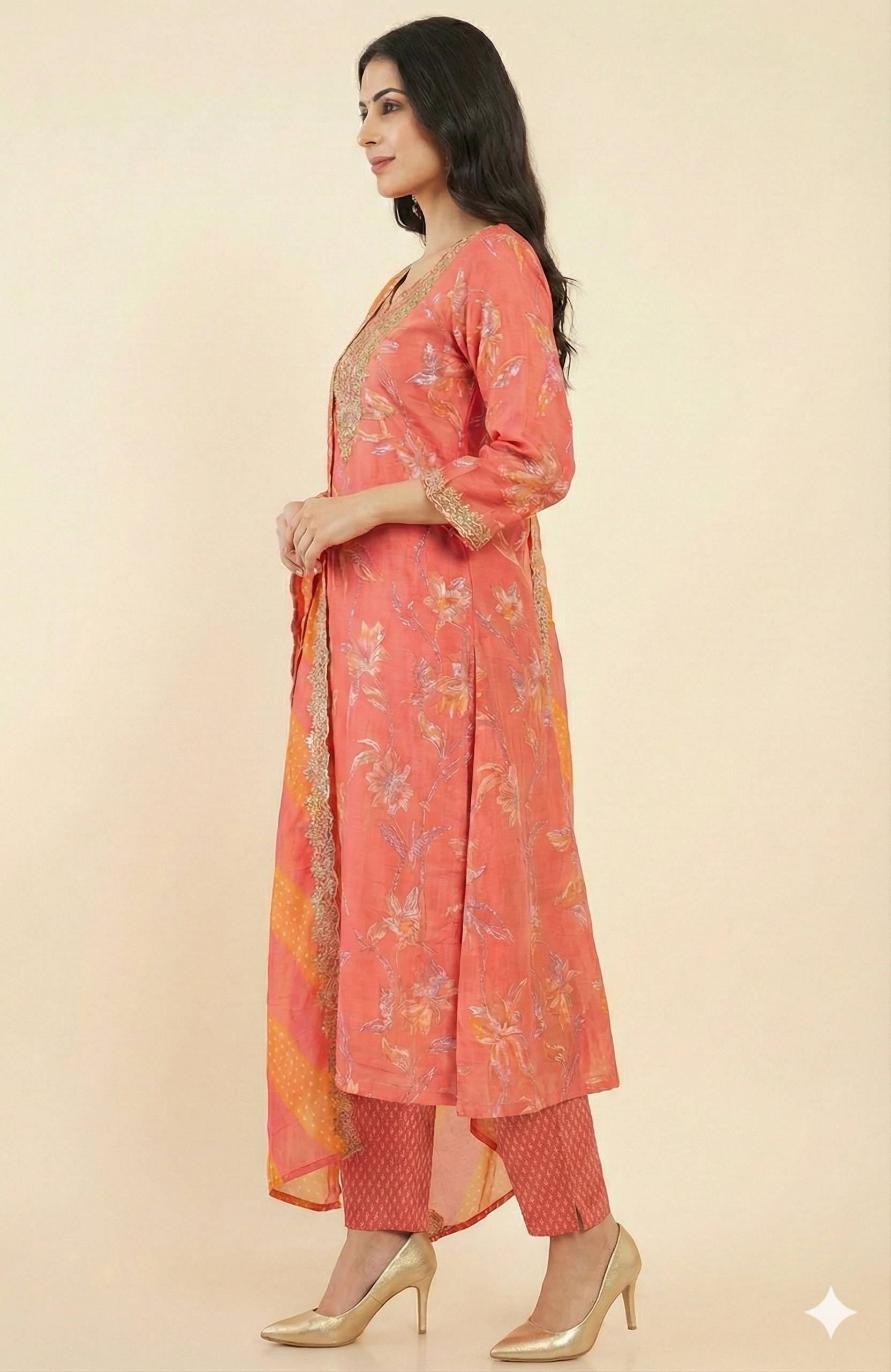 Red Muslin Straight Salwar Suit Highlighted with Graceful Floral Prints and Handcrafted Beads Work