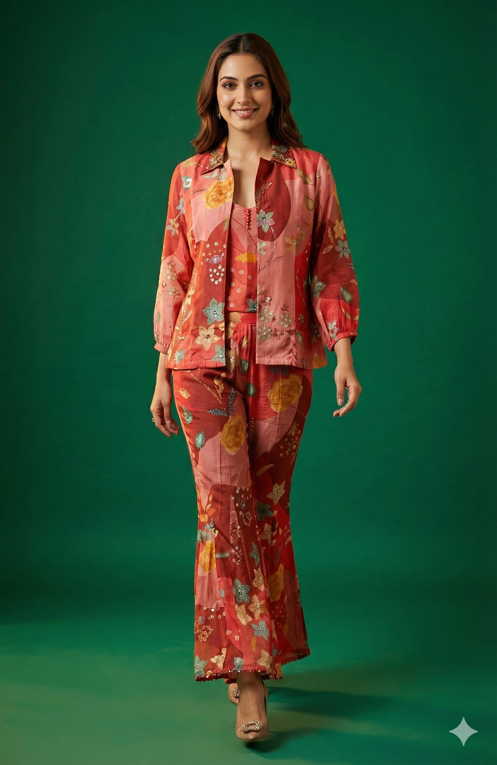 Red Muslin Printed & Embroidered Crop Top Ensemble with Coordinating Shrug and Palazzos