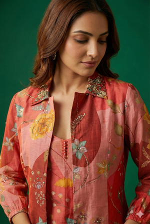 Red Muslin Printed & Embroidered Crop Top Ensemble with Coordinating Shrug and Palazzos