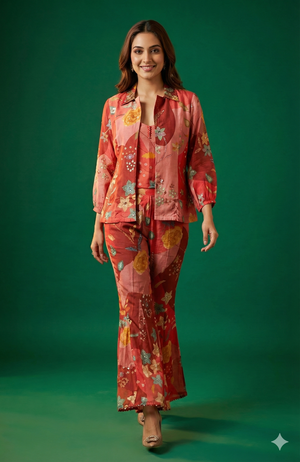 Red Muslin Printed & Embroidered Crop Top Ensemble with Coordinating Shrug and Palazzos