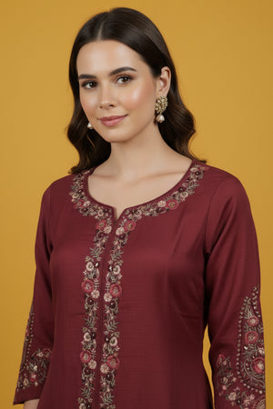 Designer Dark Mauve Floral Embroidered Top Paired with Trousers Co-Ords in Viscose Blend