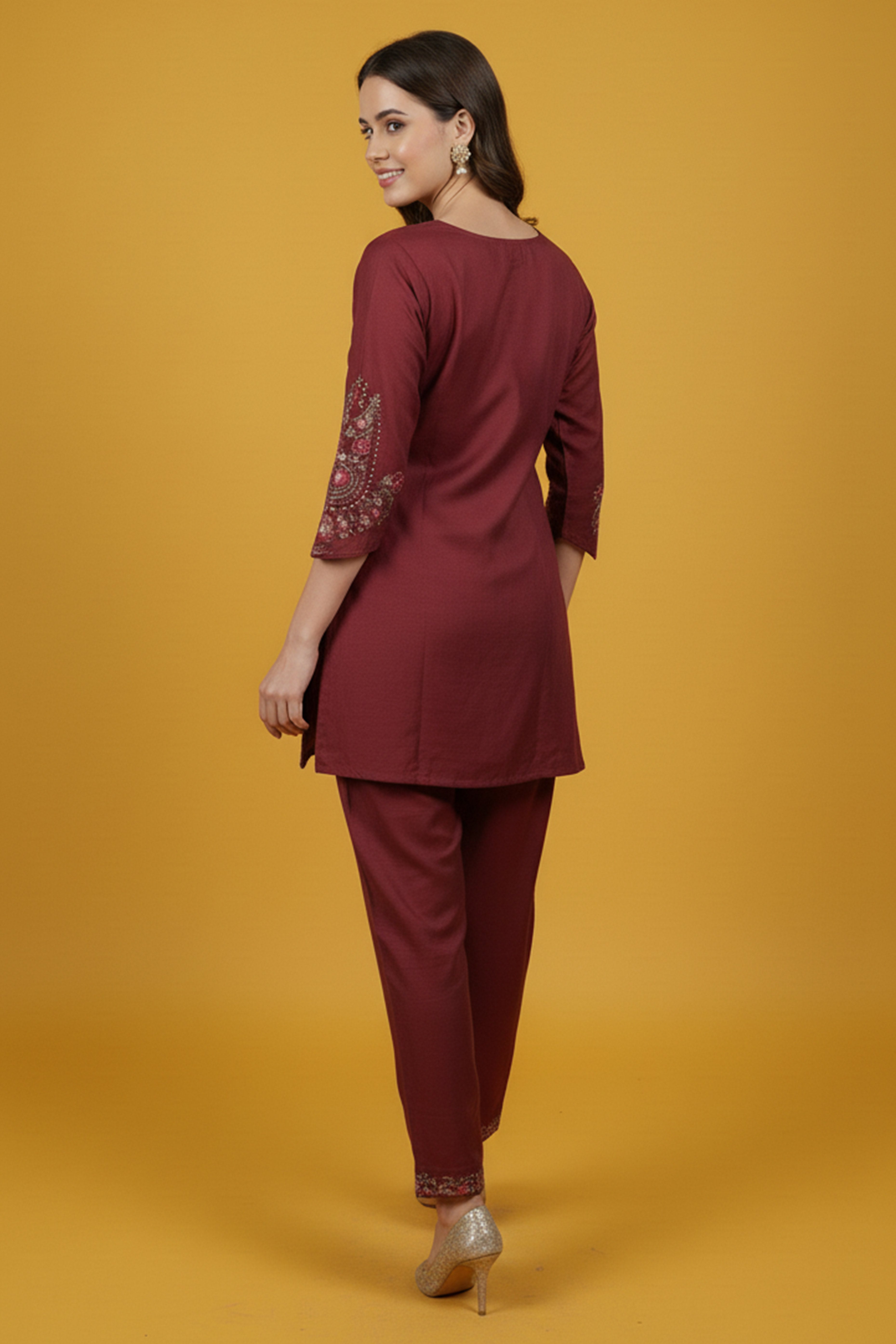 Designer Dark Mauve Floral Embroidered Top Paired with Trousers Co-Ords in Viscose Blend