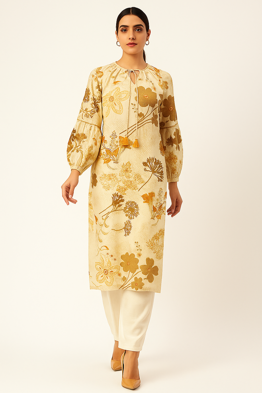 Light Yellow Trendy Floral Motif Viscose Blend Straight Kurti with Modern Appeal
