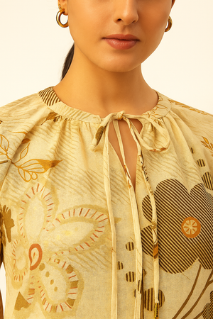 Light Yellow Trendy Floral Motif Viscose Blend Straight Kurti with Modern Appeal