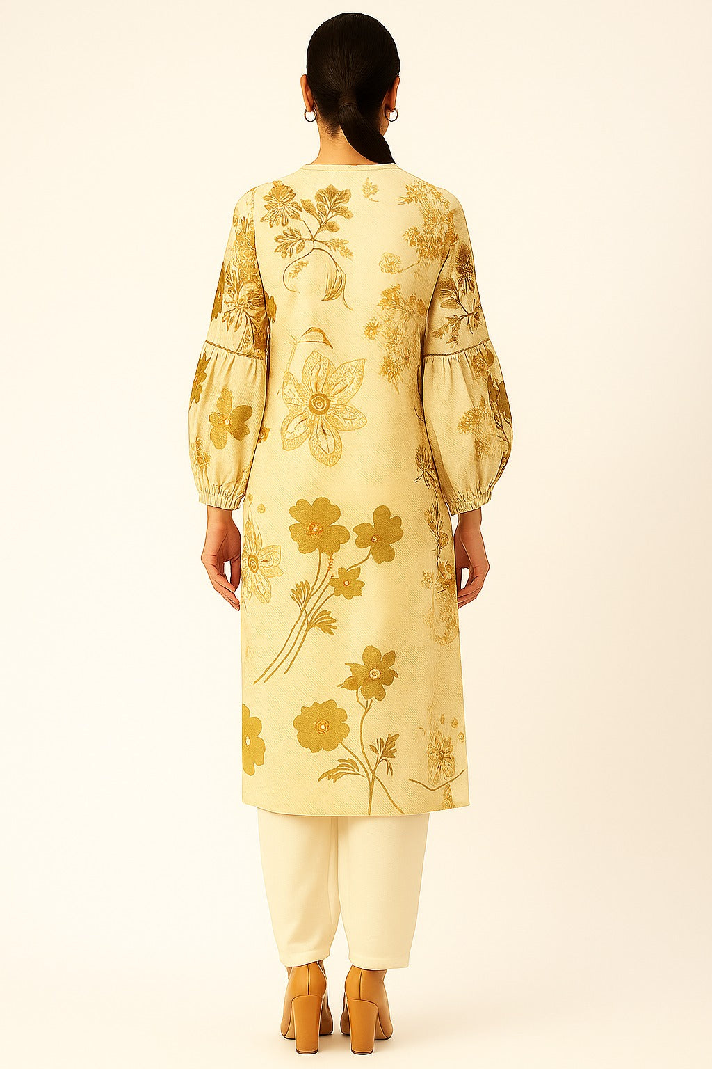 Light Yellow Trendy Floral Motif Viscose Blend Straight Kurti with Modern Appeal