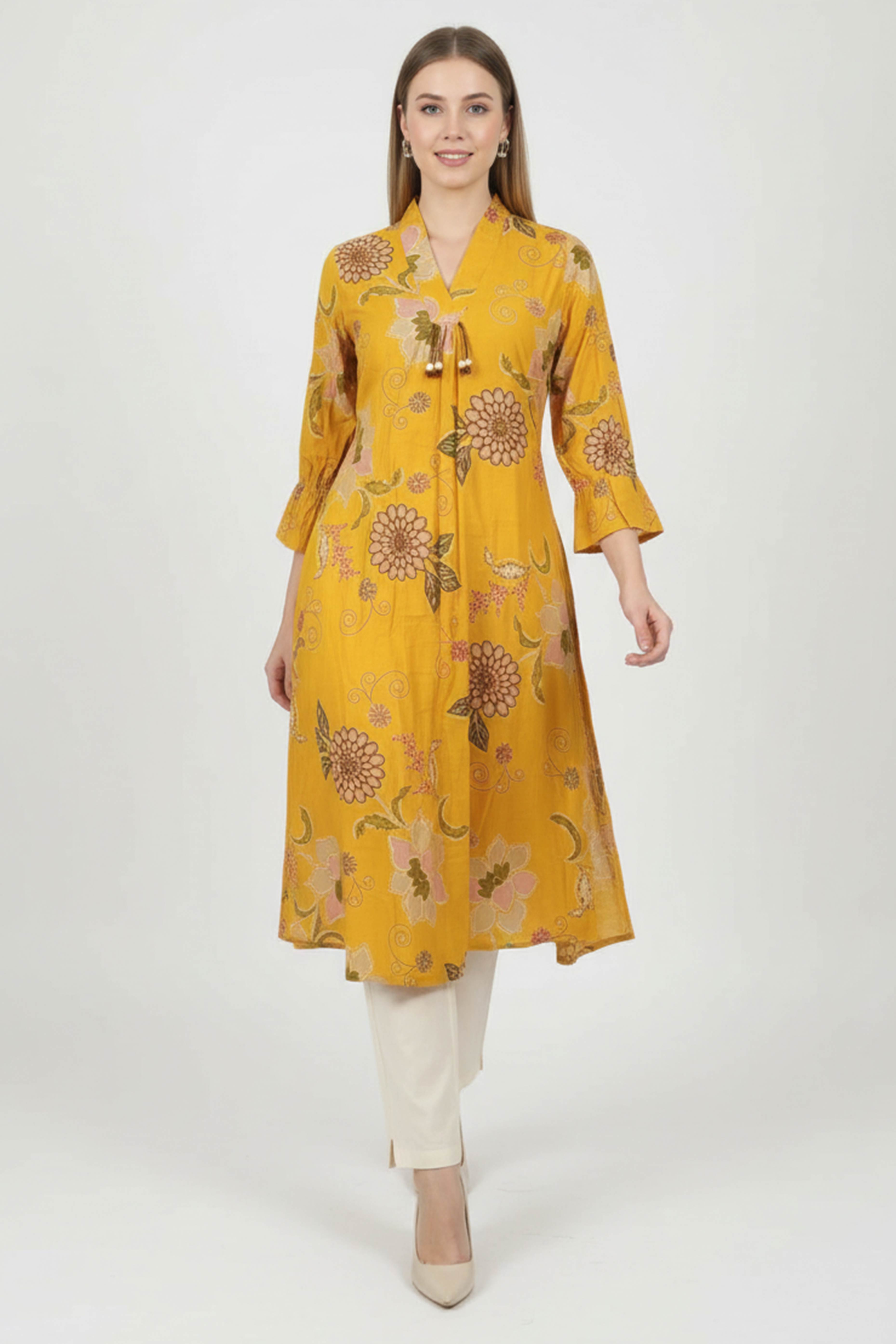 Yellow Viscose A-Line Kurti Featuring Floral Patterns