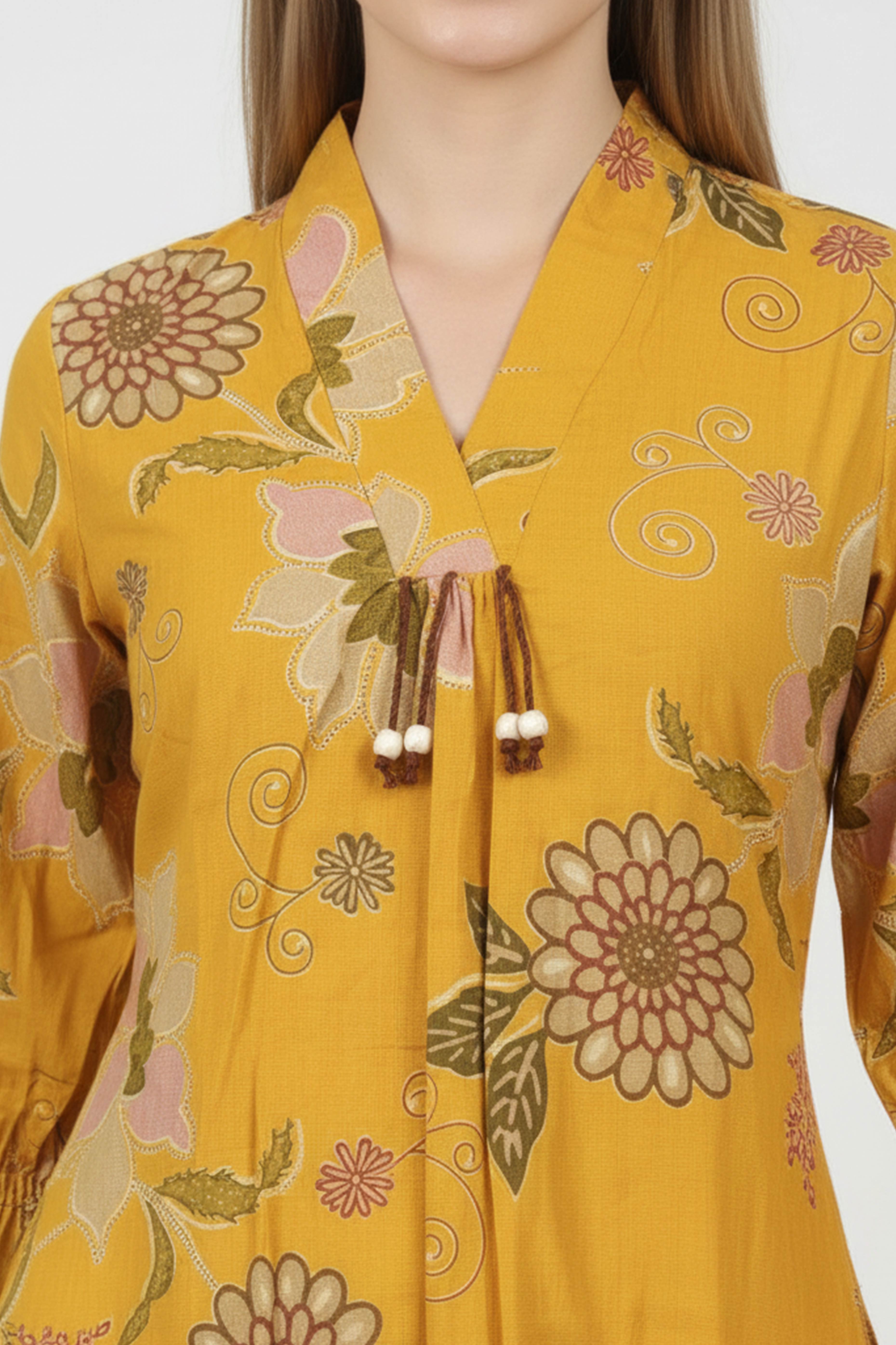 Yellow Viscose A-Line Kurti Featuring Floral Patterns
