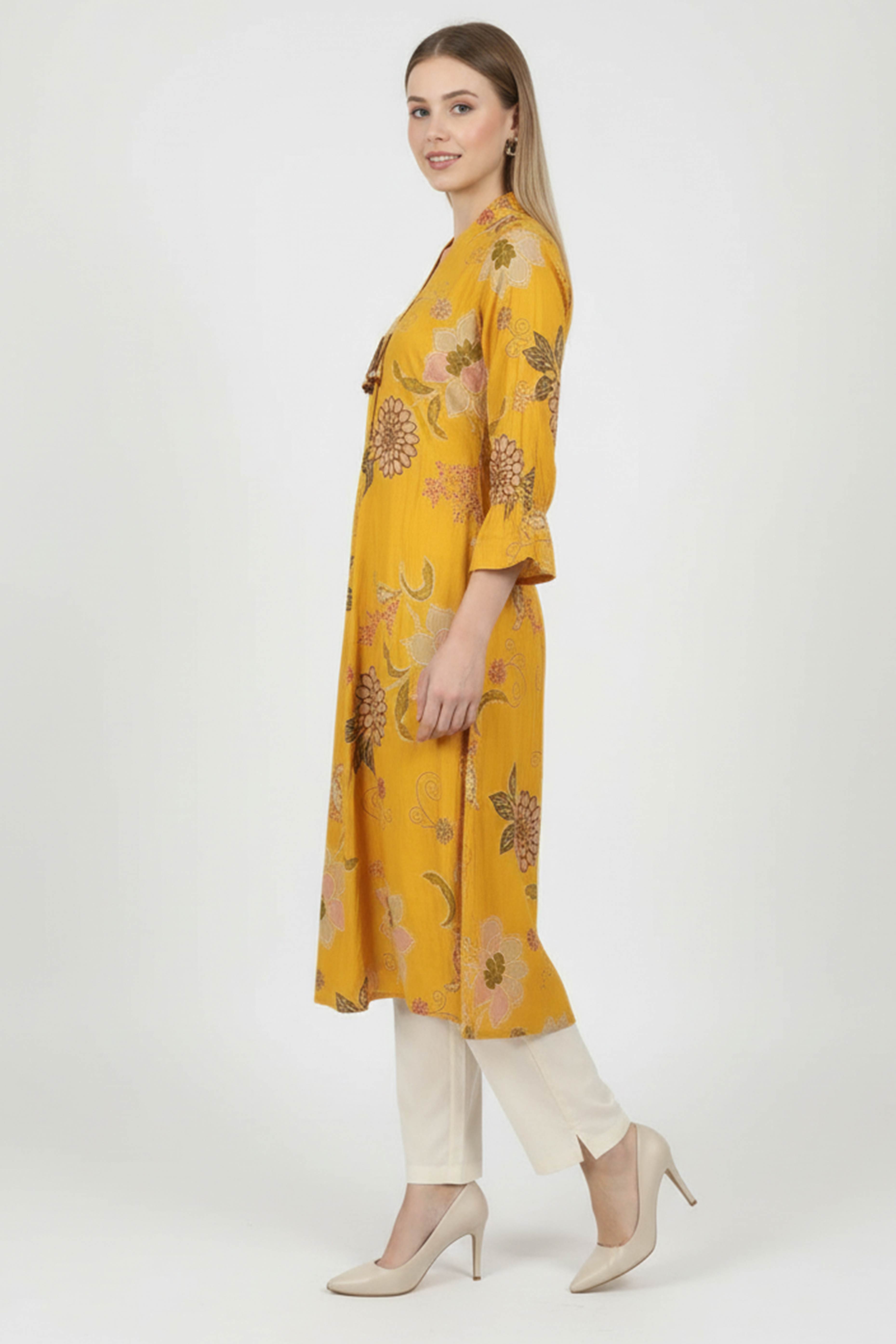 Yellow Viscose A-Line Kurti Featuring Floral Patterns