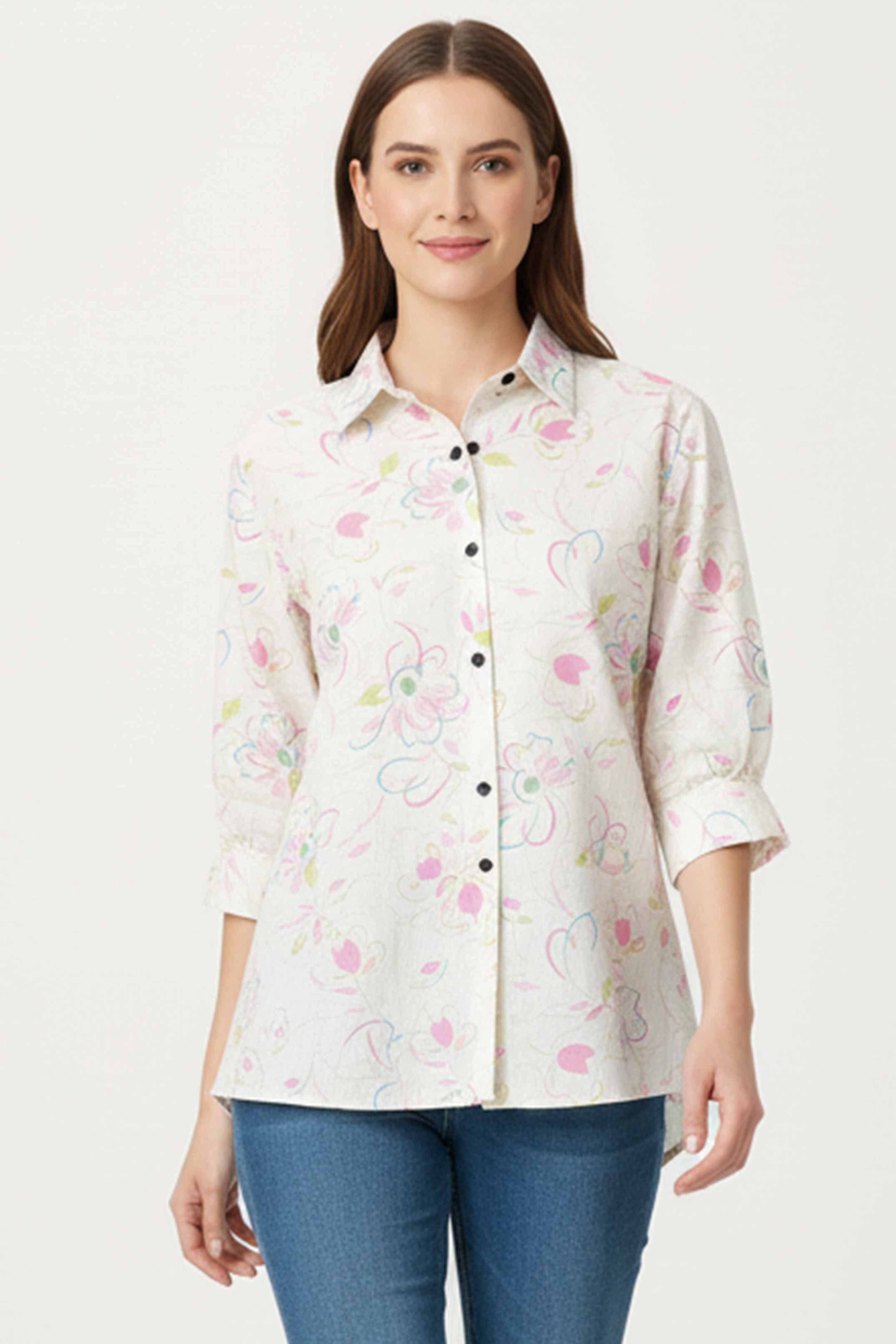 Trendy White Floral Printed Linen Top for Casual Wear
