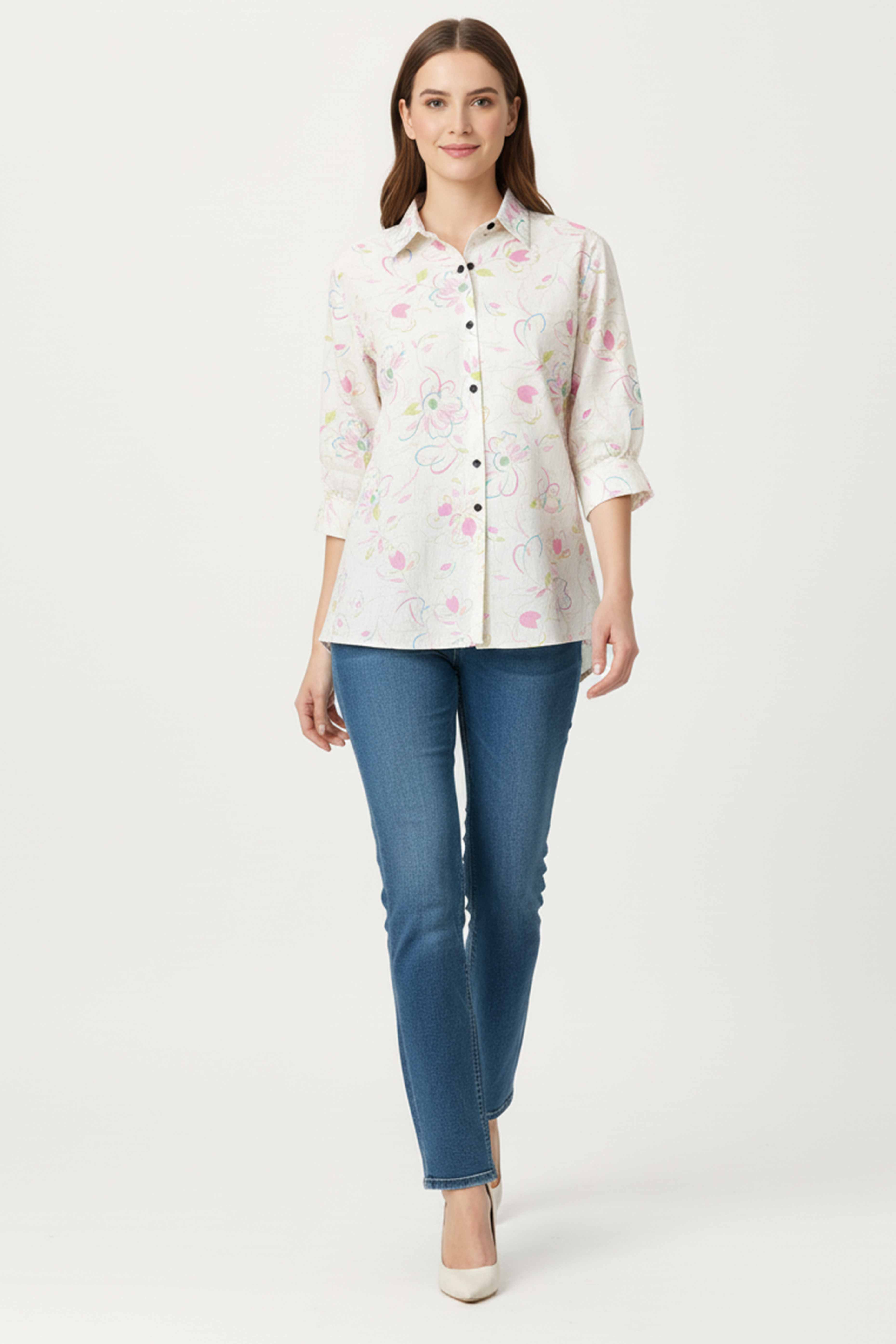 Trendy White Floral Printed Linen Top for Casual Wear