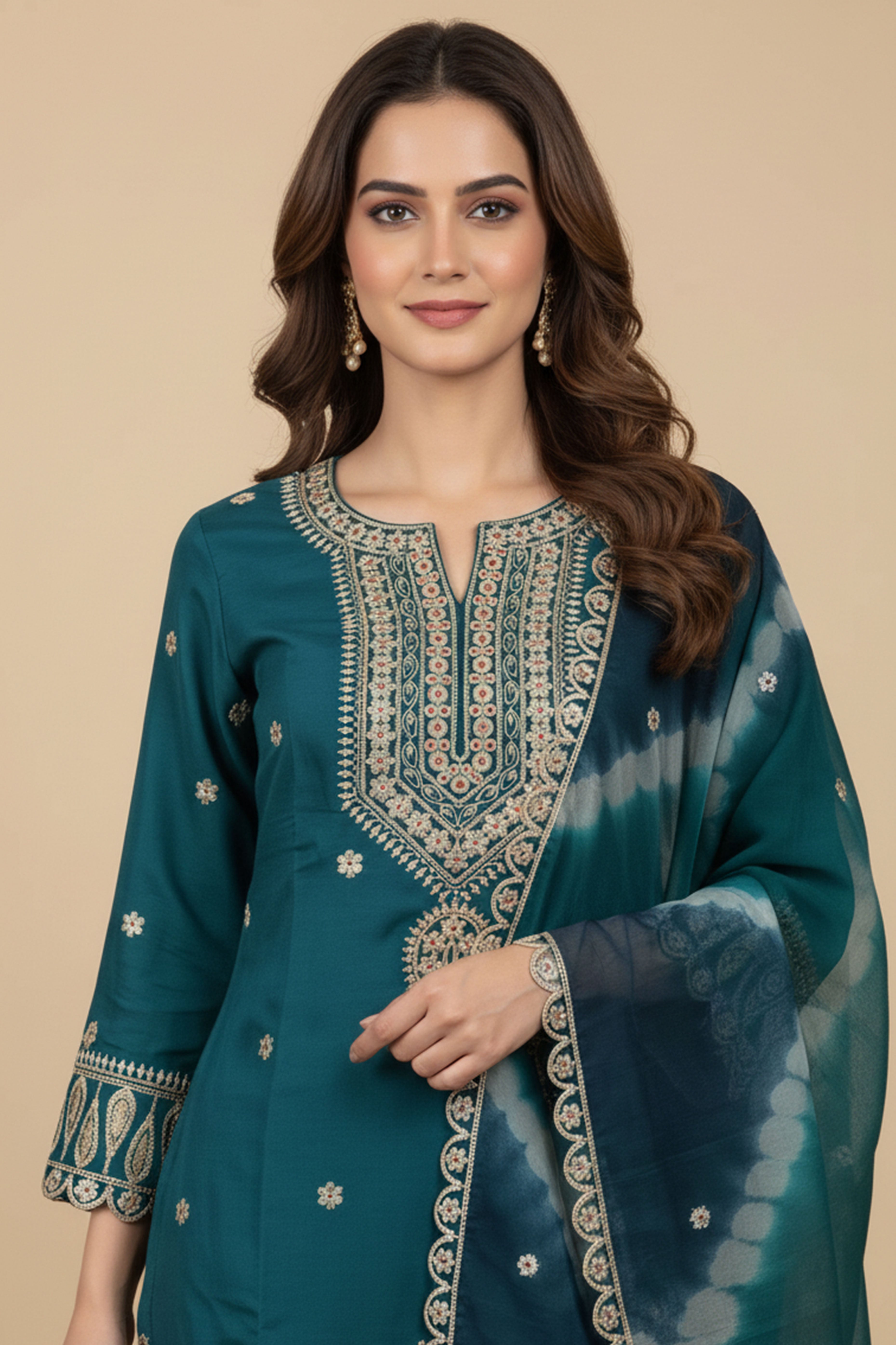 Teal Ethnic Motifs Embroidered Sequinned Chanderi Silk Straight Kurta Set