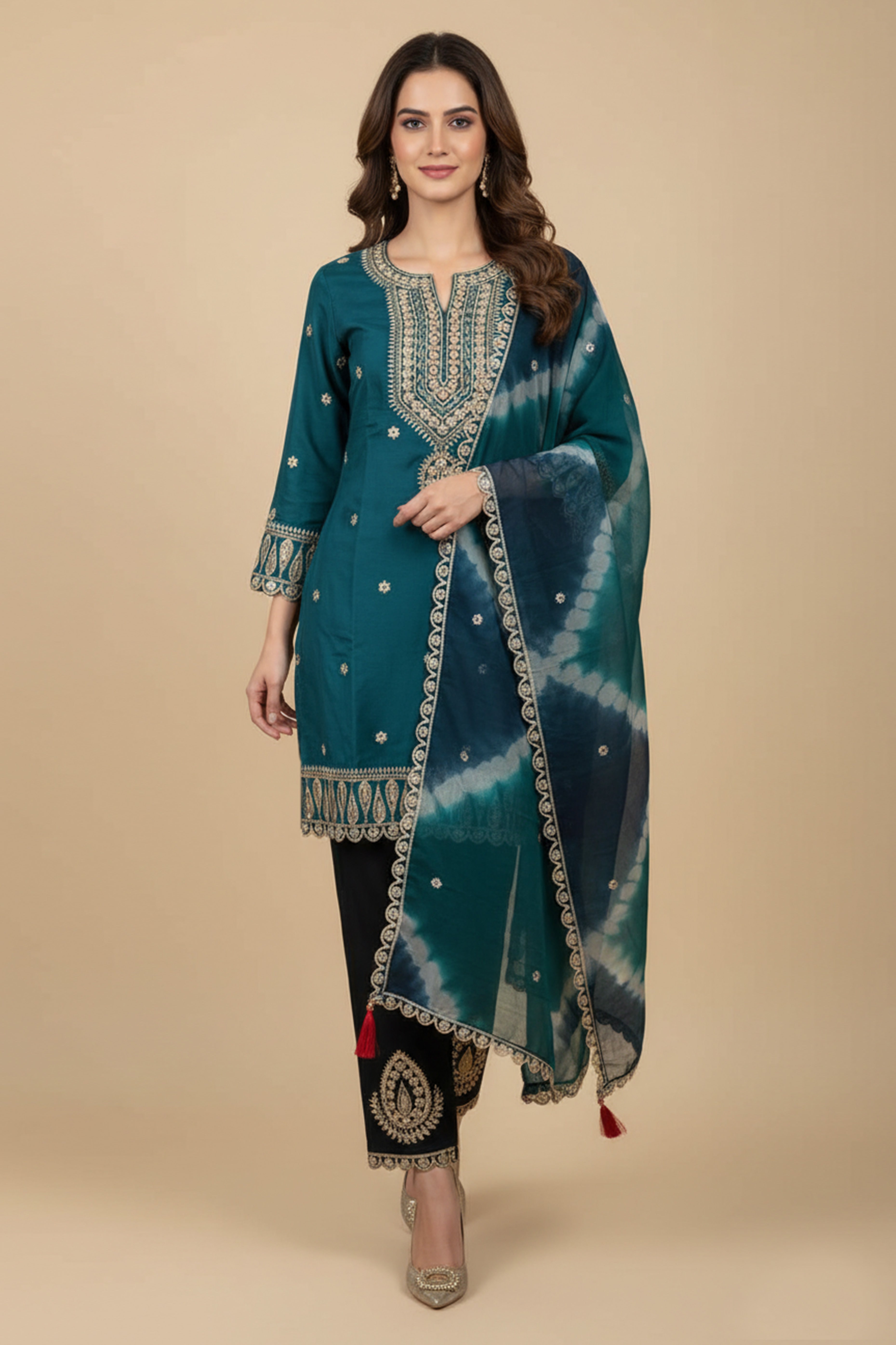 Teal Ethnic Motifs Embroidered Sequinned Chanderi Silk Straight Kurta Set