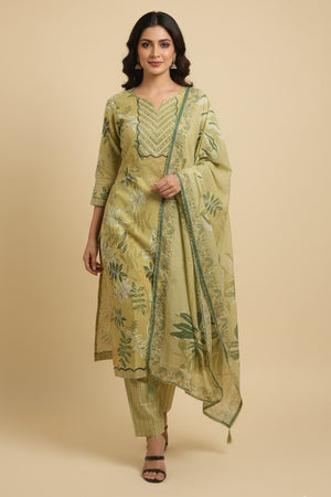 Soft and Lightweight Lime Green Pure Cotton Salwar Suit with Floral Prints and Straight Cut Style