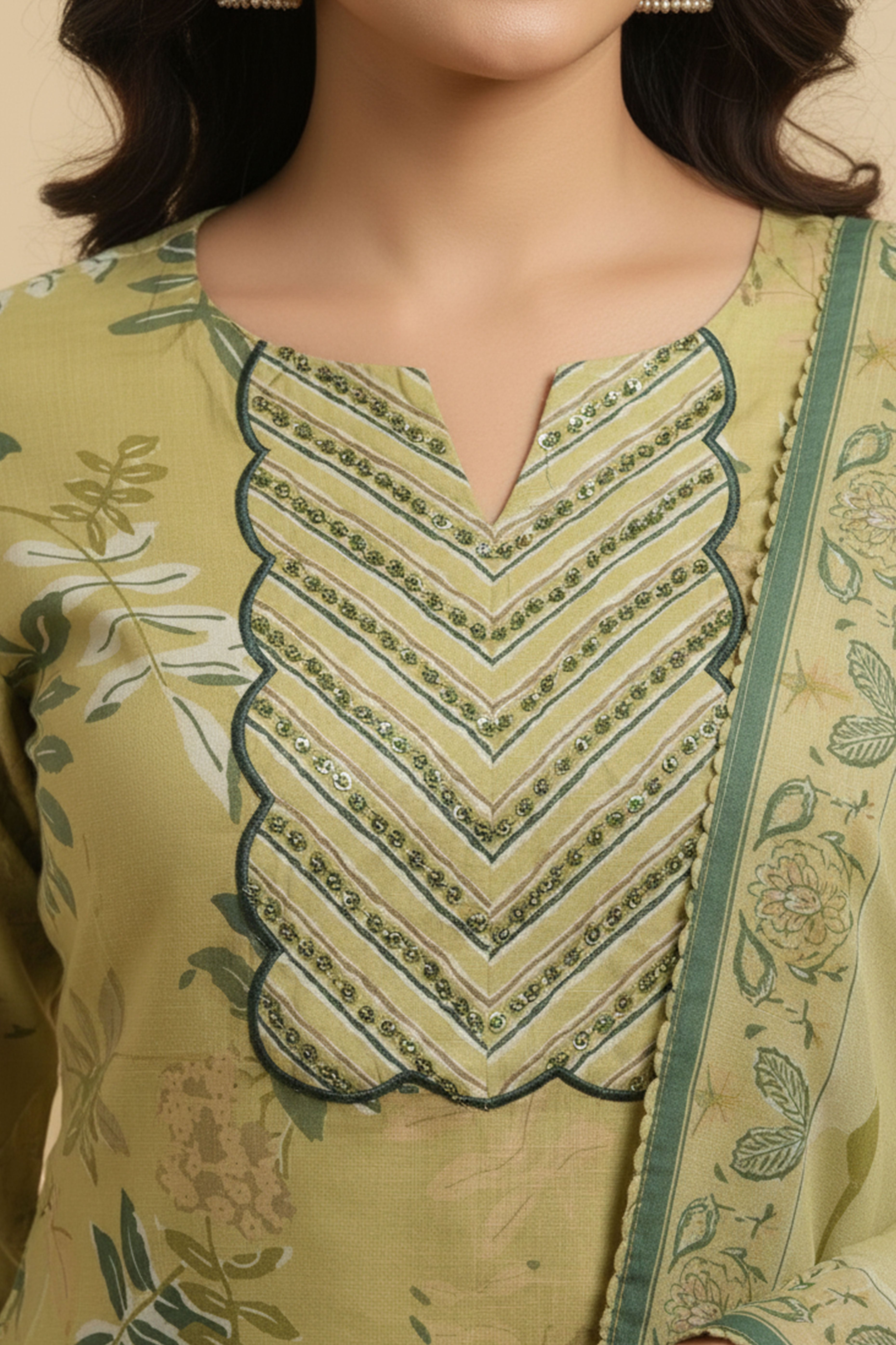 Soft and Lightweight Lime Green Pure Cotton Salwar Suit with Floral Prints and Straight Cut Style