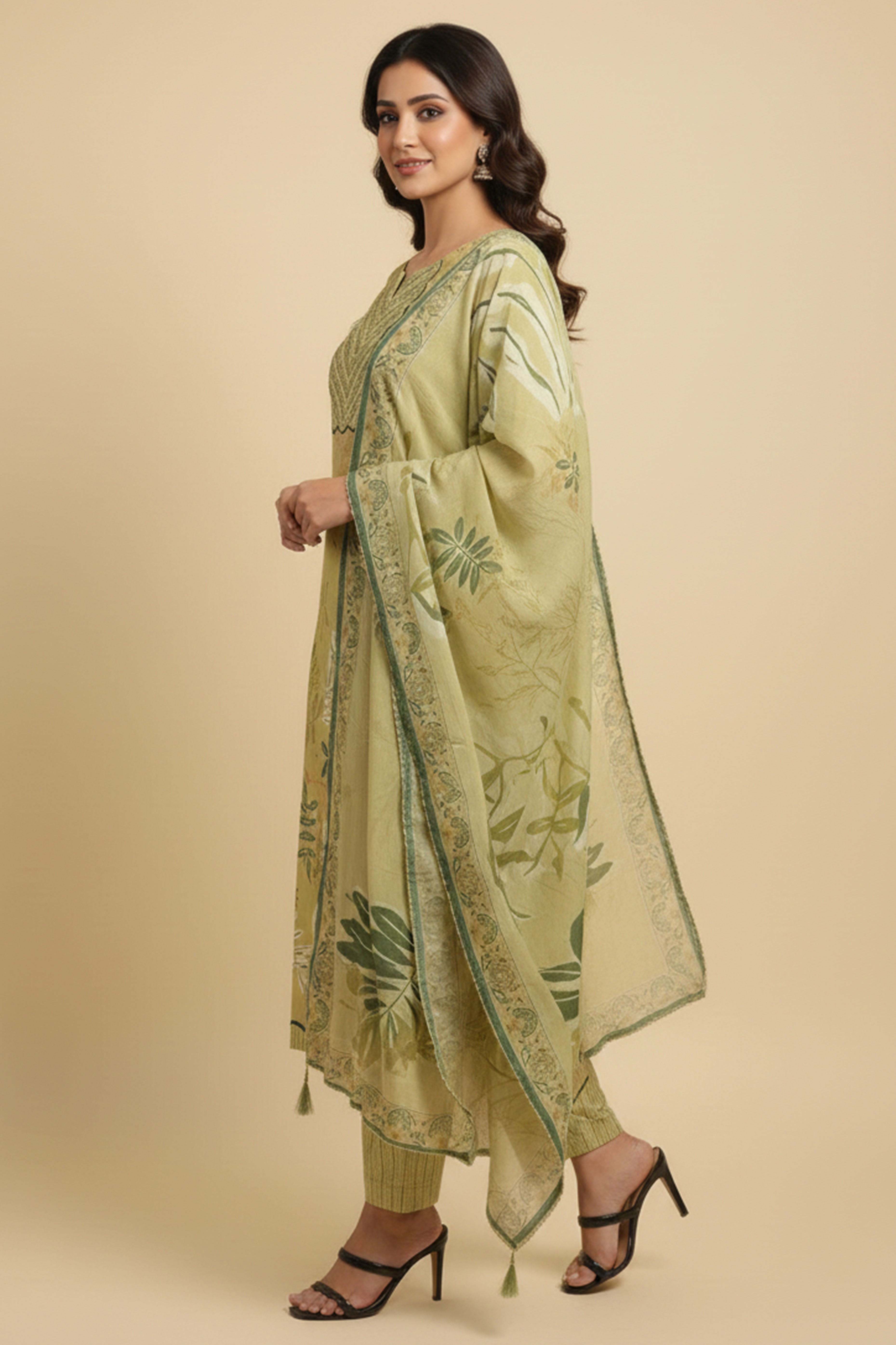 Soft and Lightweight Lime Green Pure Cotton Salwar Suit with Floral Prints and Straight Cut Style