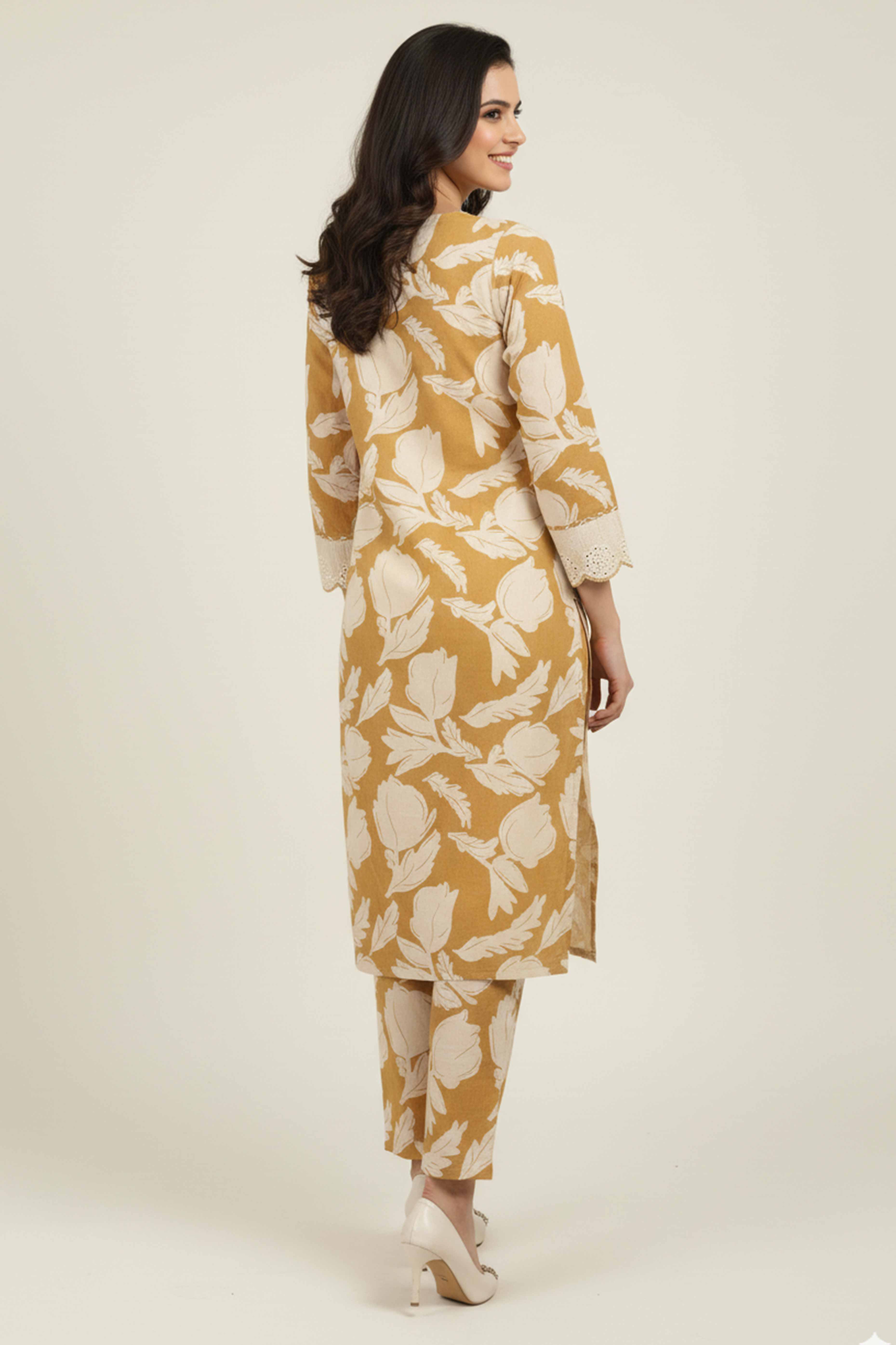 Charming Mustard Pure Cotton Floral Printed Co-Ord Set With Graceful Lace On Neckline & Sleeves