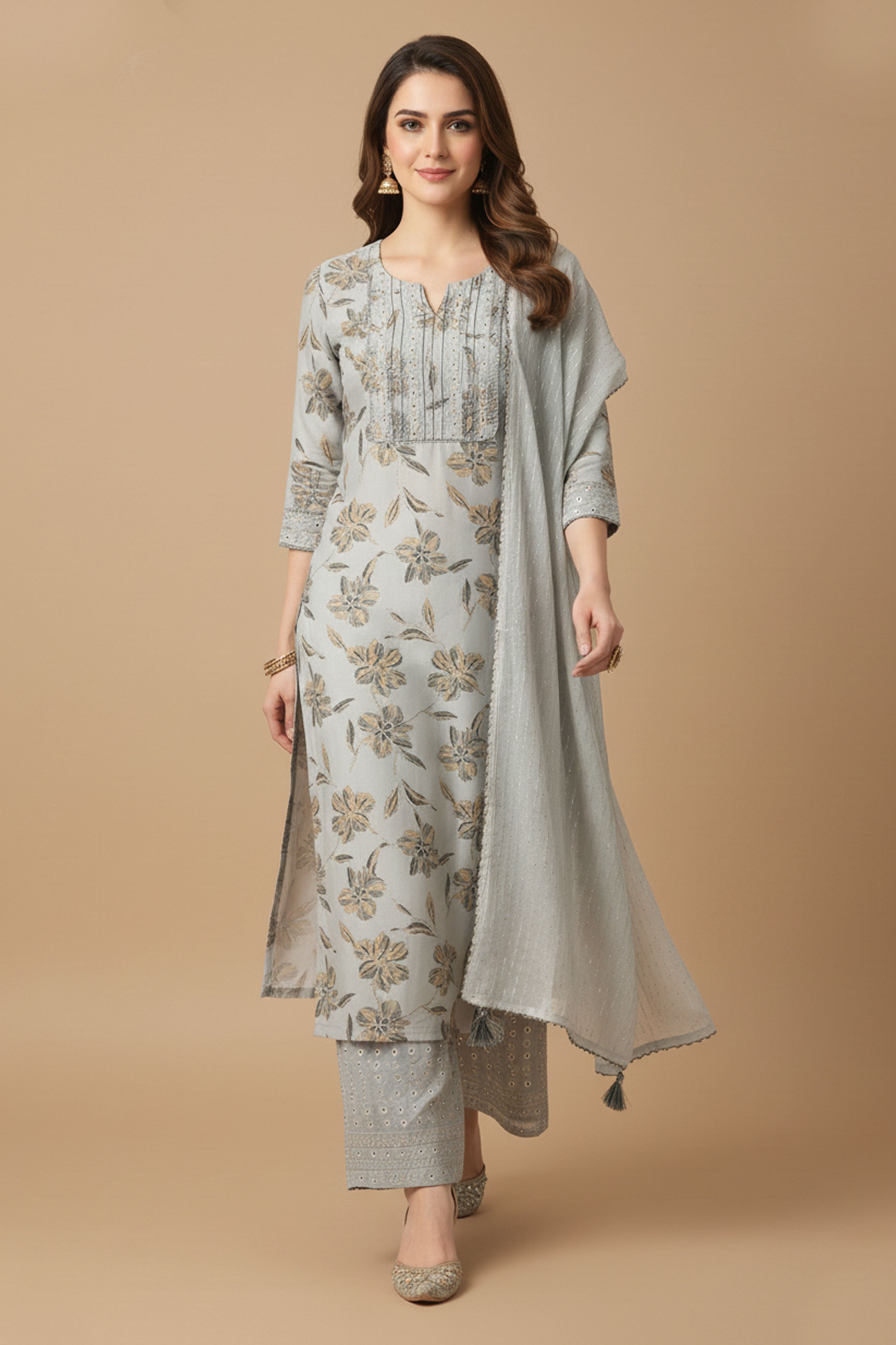 Light Grey Chic Dobby Textured Rayon Suit Set Adorned with Floral Motifs