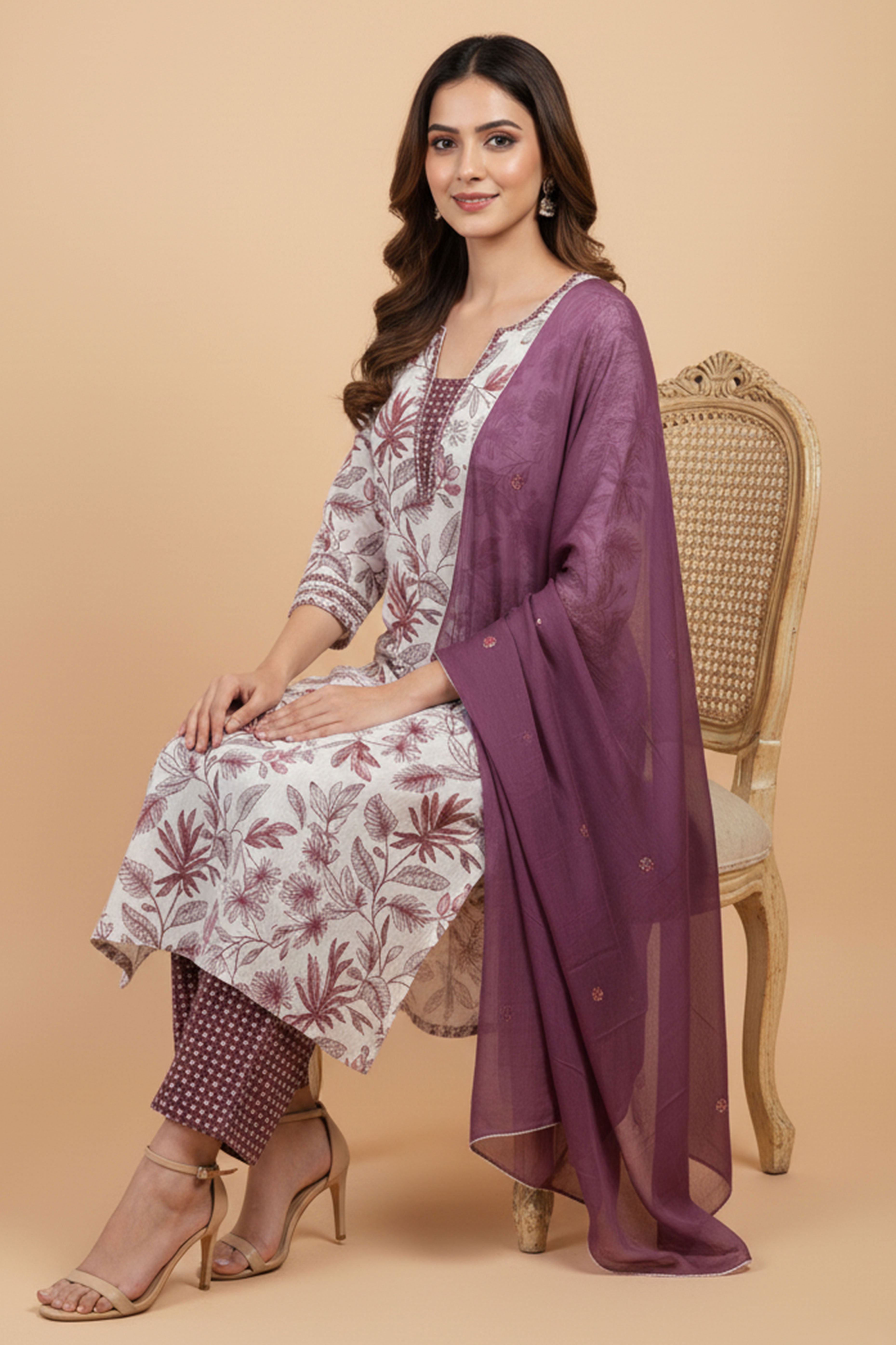 White Rayon Capsule Suit Featuring Floral Prints and Comfortable Straight Fit