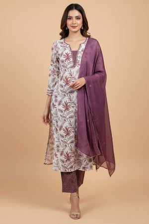 White Rayon Capsule Suit Featuring Floral Prints and Comfortable Straight Fit