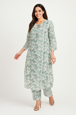 Casual Wear Green Cotton Flex A-Line Top Bottom Set with Floral Print
