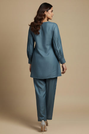 Stylish Teal Modern Print Silky Silk Top Bottom Set for Parties and Events