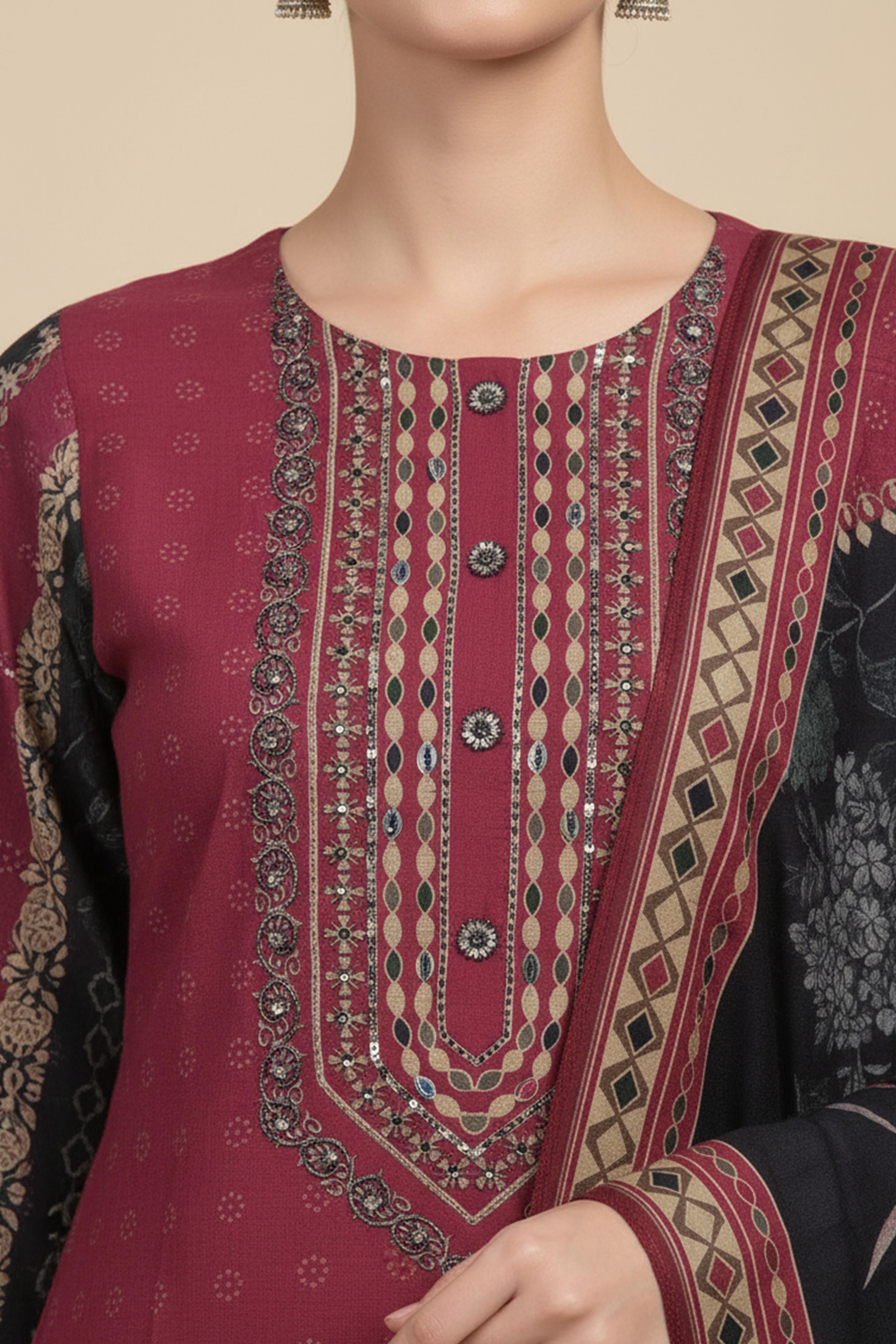 Festive Maroon Muslin Salwar Suit with Straight Cut and Neck Handwork