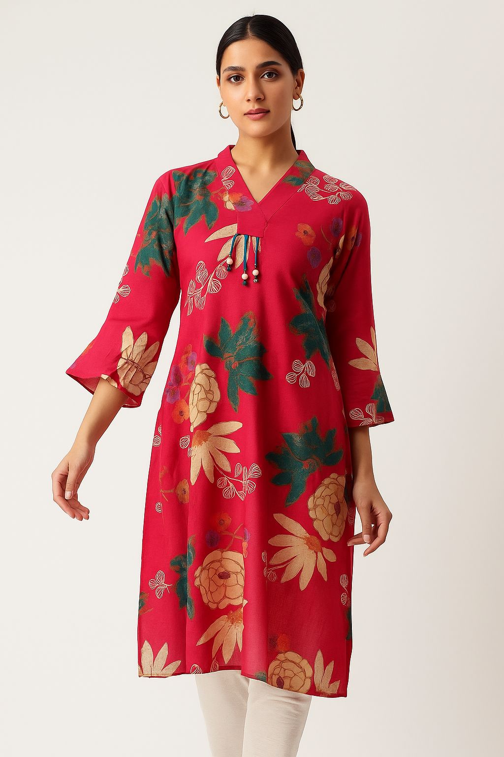 A-Line Rani Pink Kurti in Soft Viscose with Floral Print