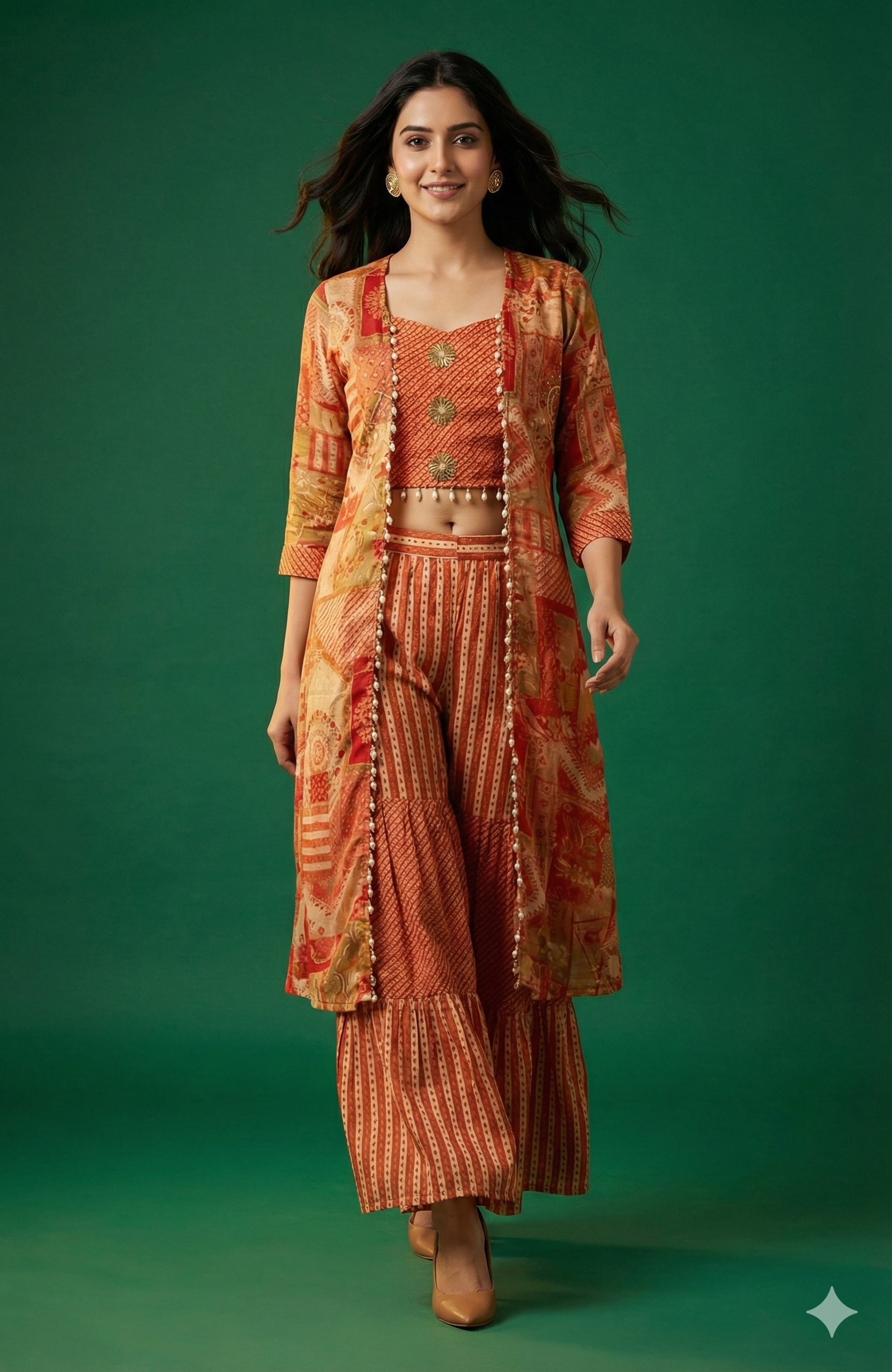 Orange Muslin Printed & Embroidered Crop Top Ensemble with Coordinating Shrug and Palazzos