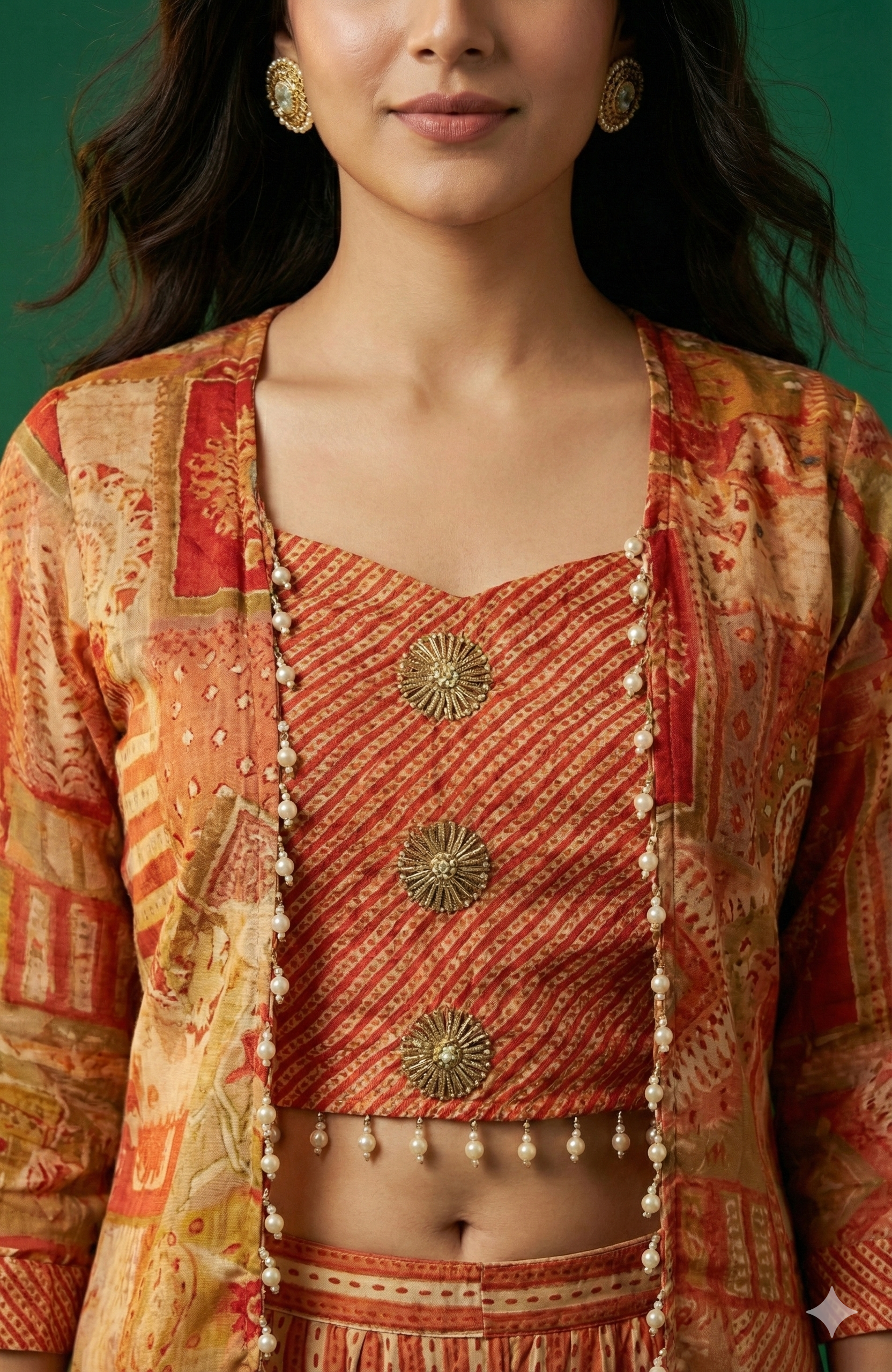 Orange Muslin Printed & Embroidered Crop Top Ensemble with Coordinating Shrug and Palazzos