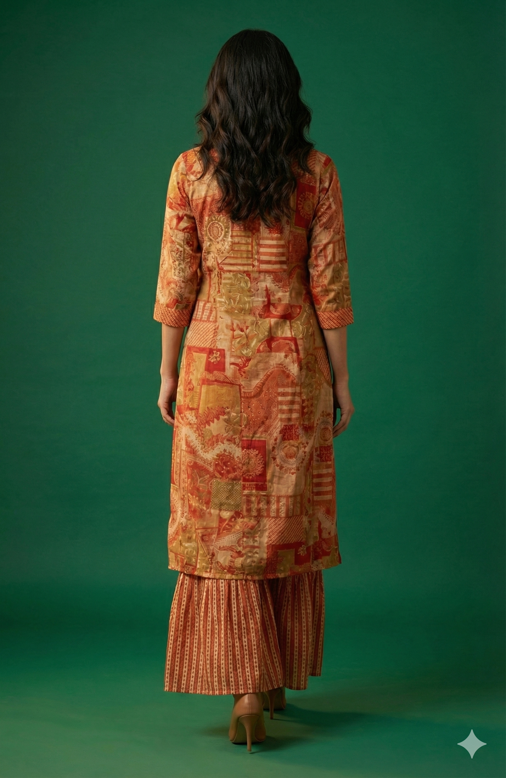 Orange Muslin Printed & Embroidered Crop Top Ensemble with Coordinating Shrug and Palazzos