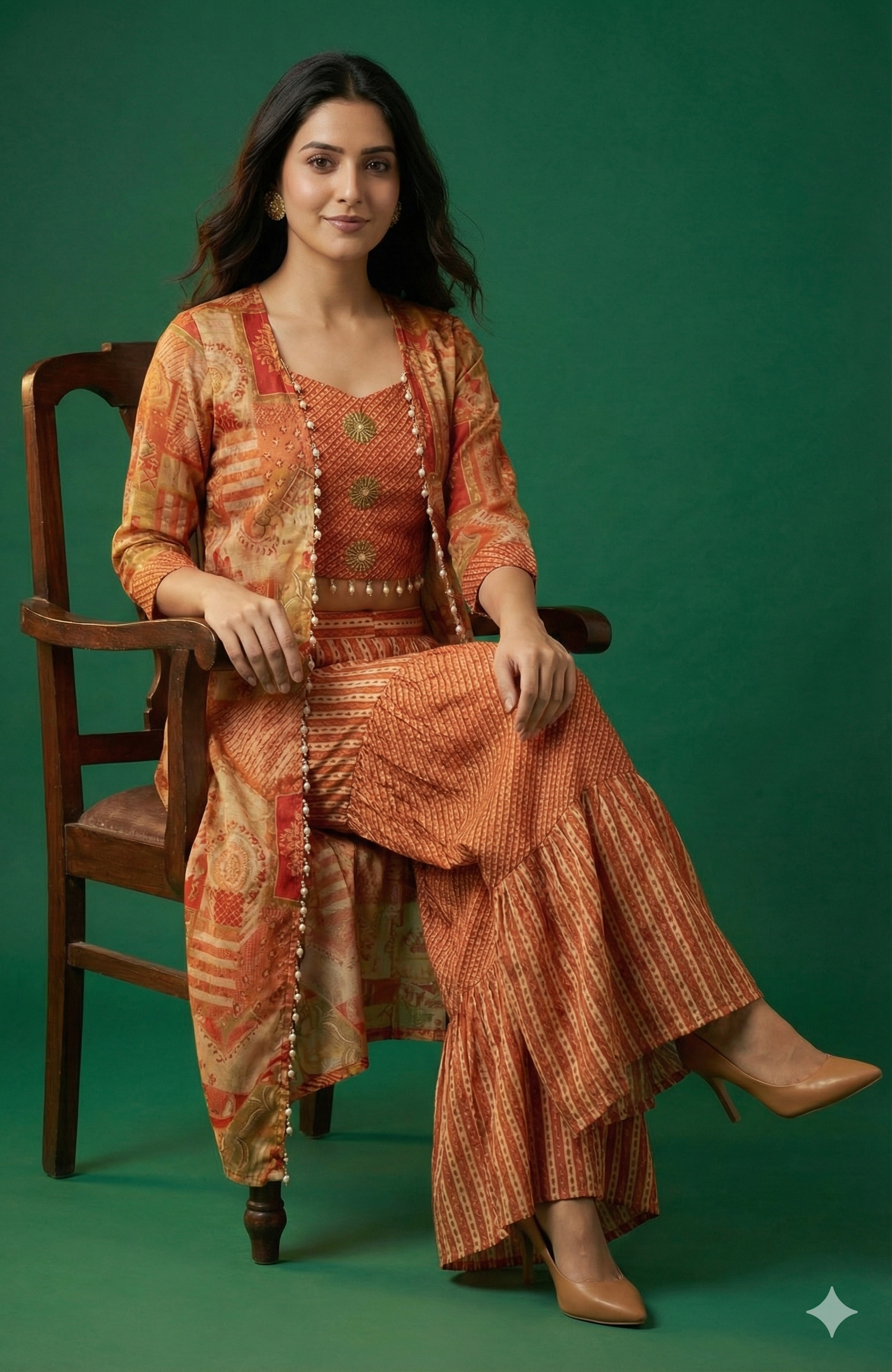 Orange Muslin Printed & Embroidered Crop Top Ensemble with Coordinating Shrug and Palazzos