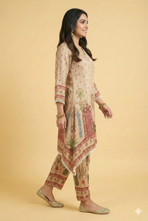 Chikoo Digital Printed Pure Chinon A-Line Top and Bottom Set Crafted for Chic Ethnic Styling
