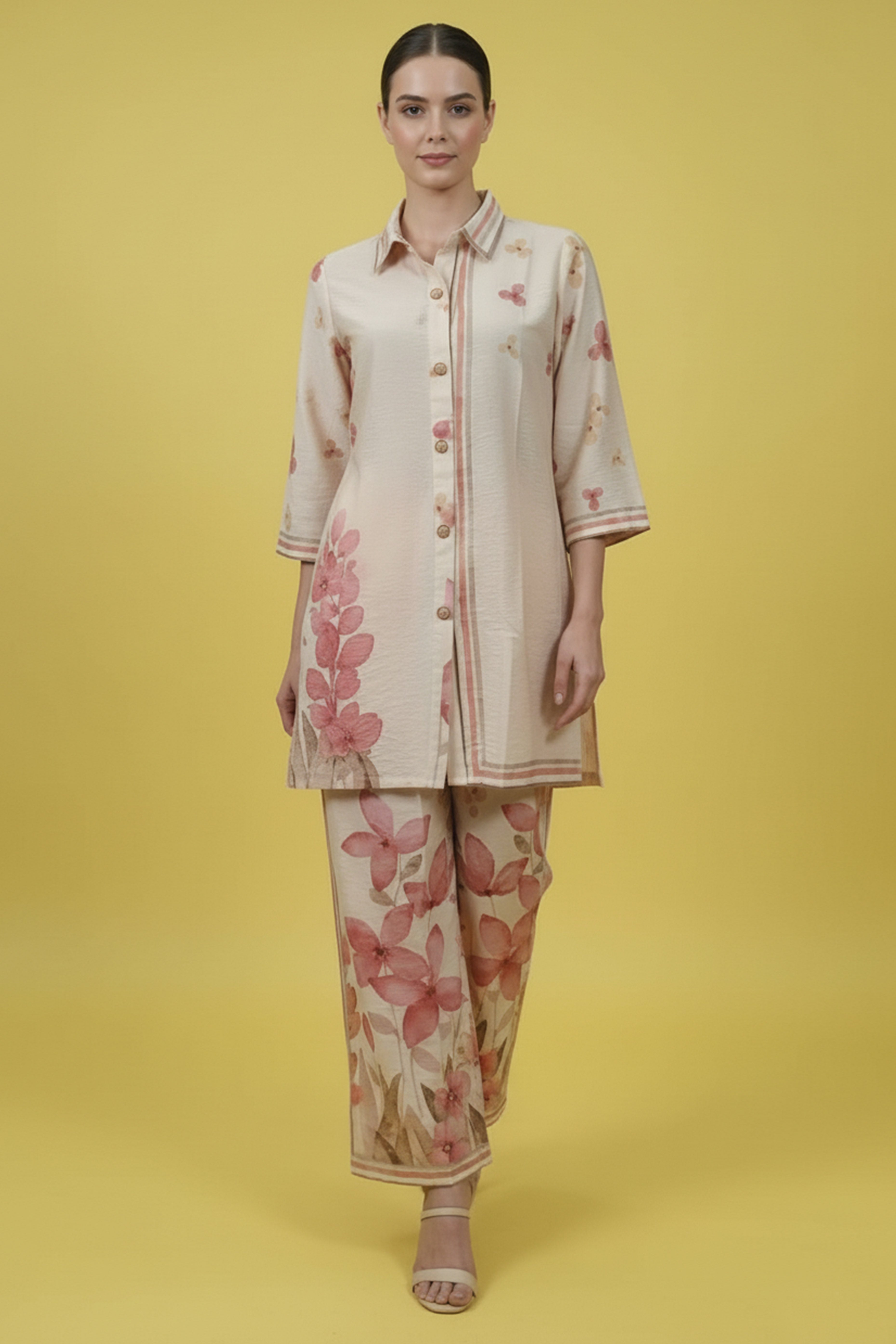 Cream Trendy Muslin Co-Ord Set with Eye-Catching Digital Floral Patterns