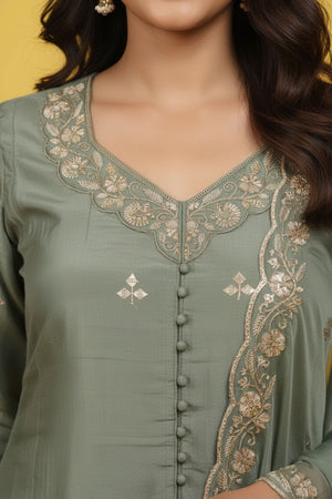 Green Elegant Chanderi Shimmer Blend Suit with Organza Dupatta & Sequins Embroidery