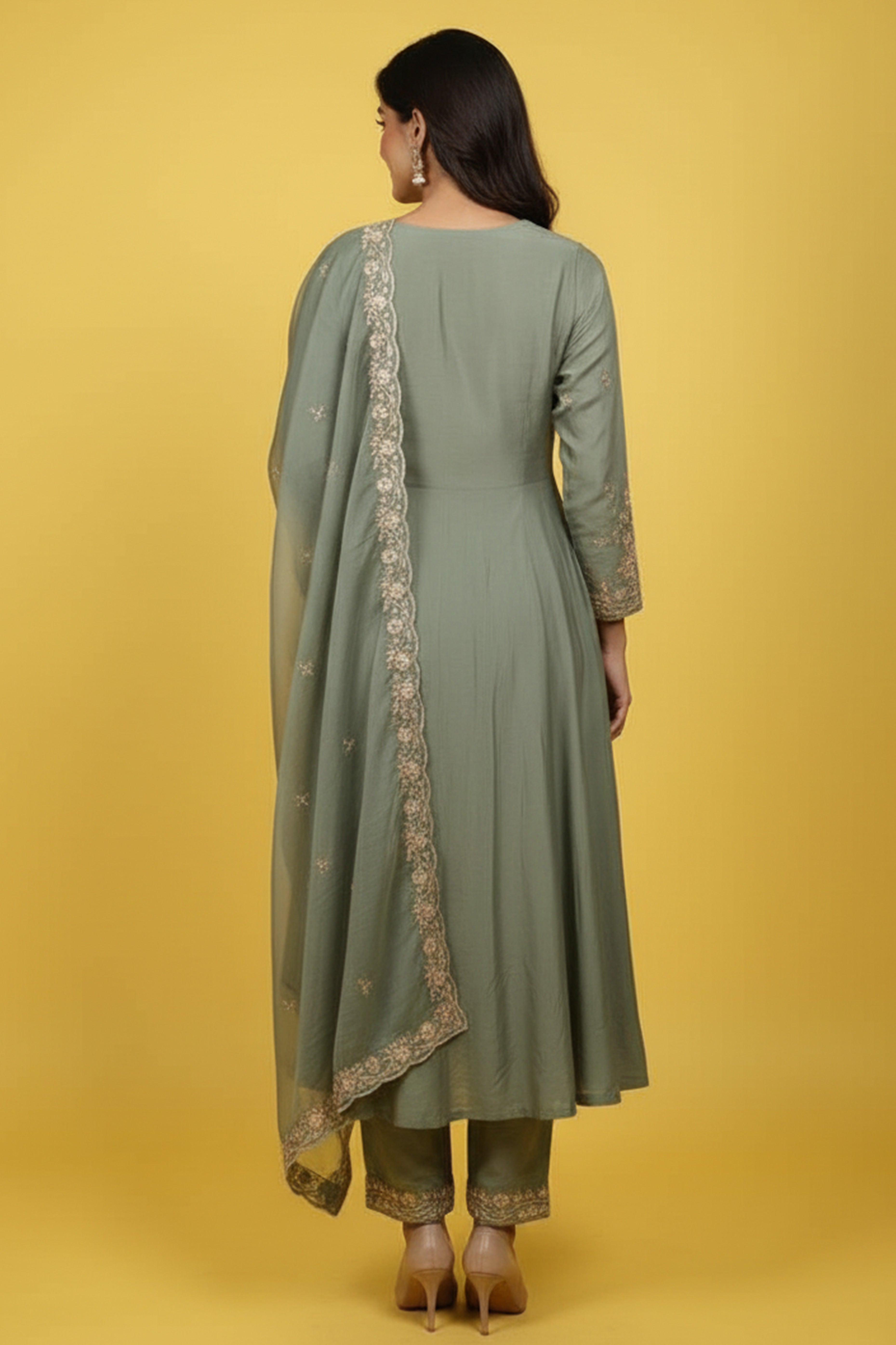 Green Elegant Chanderi Shimmer Blend Suit with Organza Dupatta & Sequins Embroidery