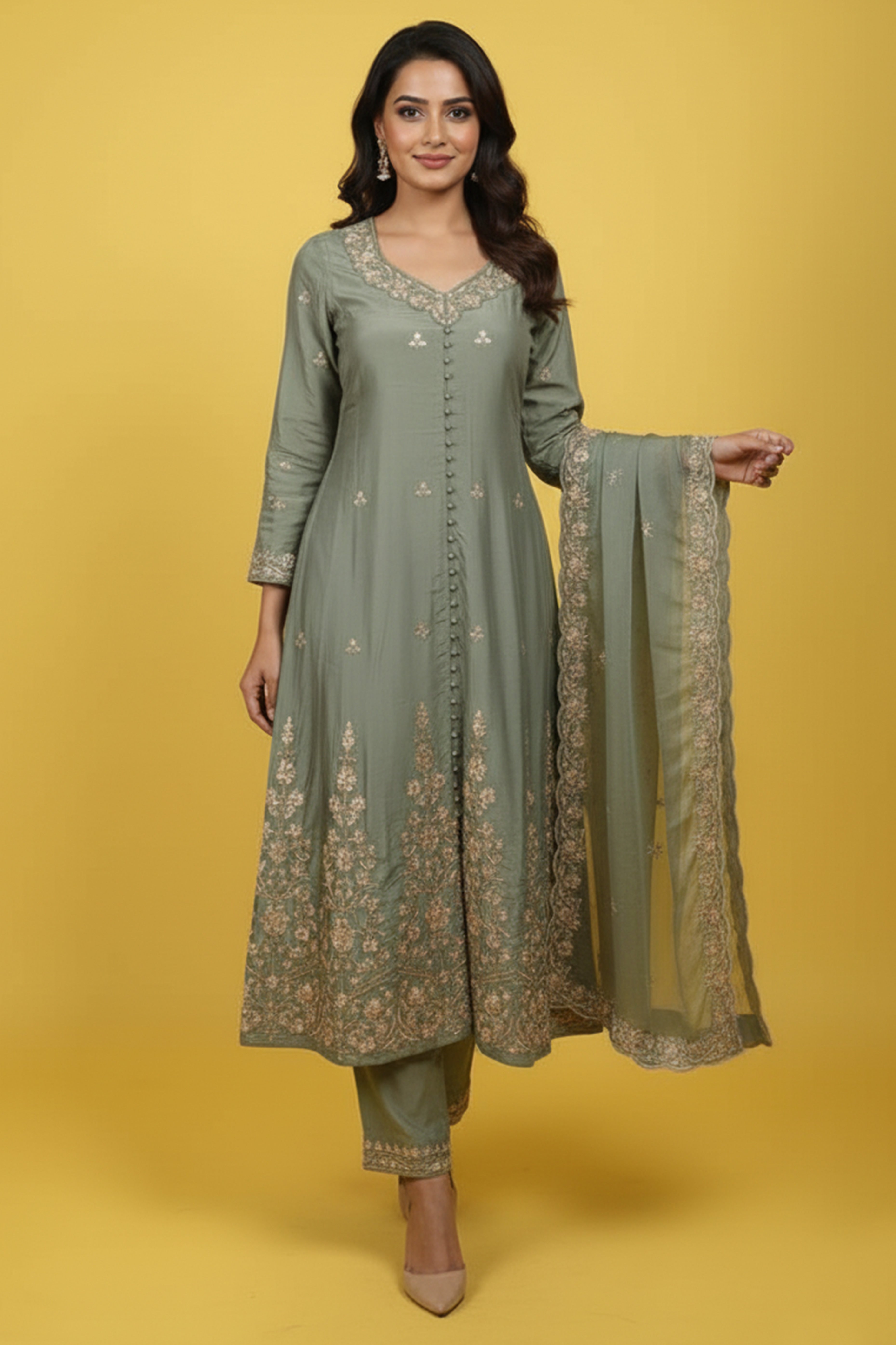 Green Elegant Chanderi Shimmer Blend Suit with Organza Dupatta & Sequins Embroidery