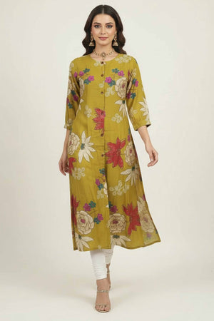 Trendy Yellow Floral Printed Kurti in Soft Viscose A-Line Style